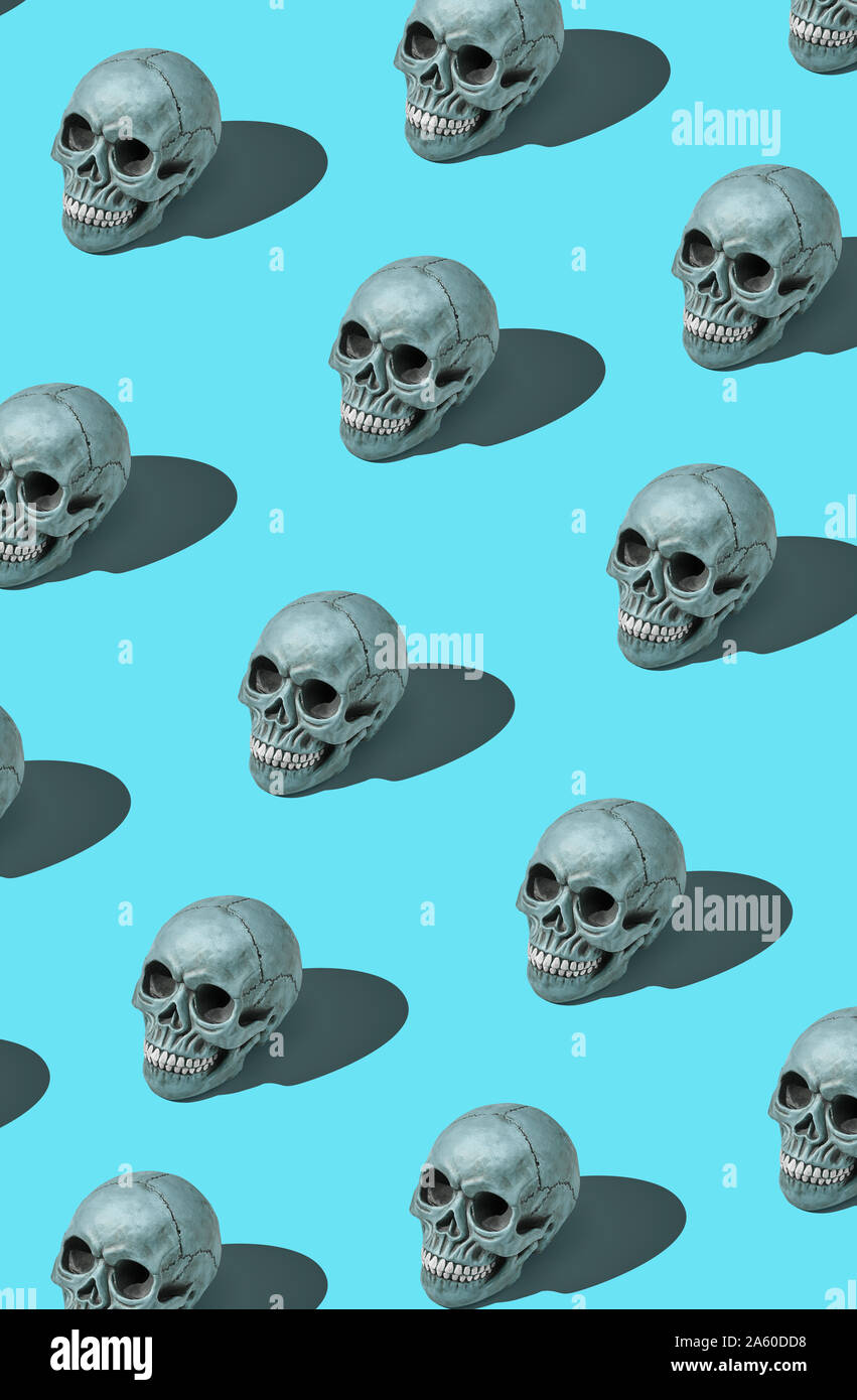 A lot of realistic models of a human craniums with teeth on a blue background. Medical science or Halloween horror concept. Close-up shot. Stock Photo