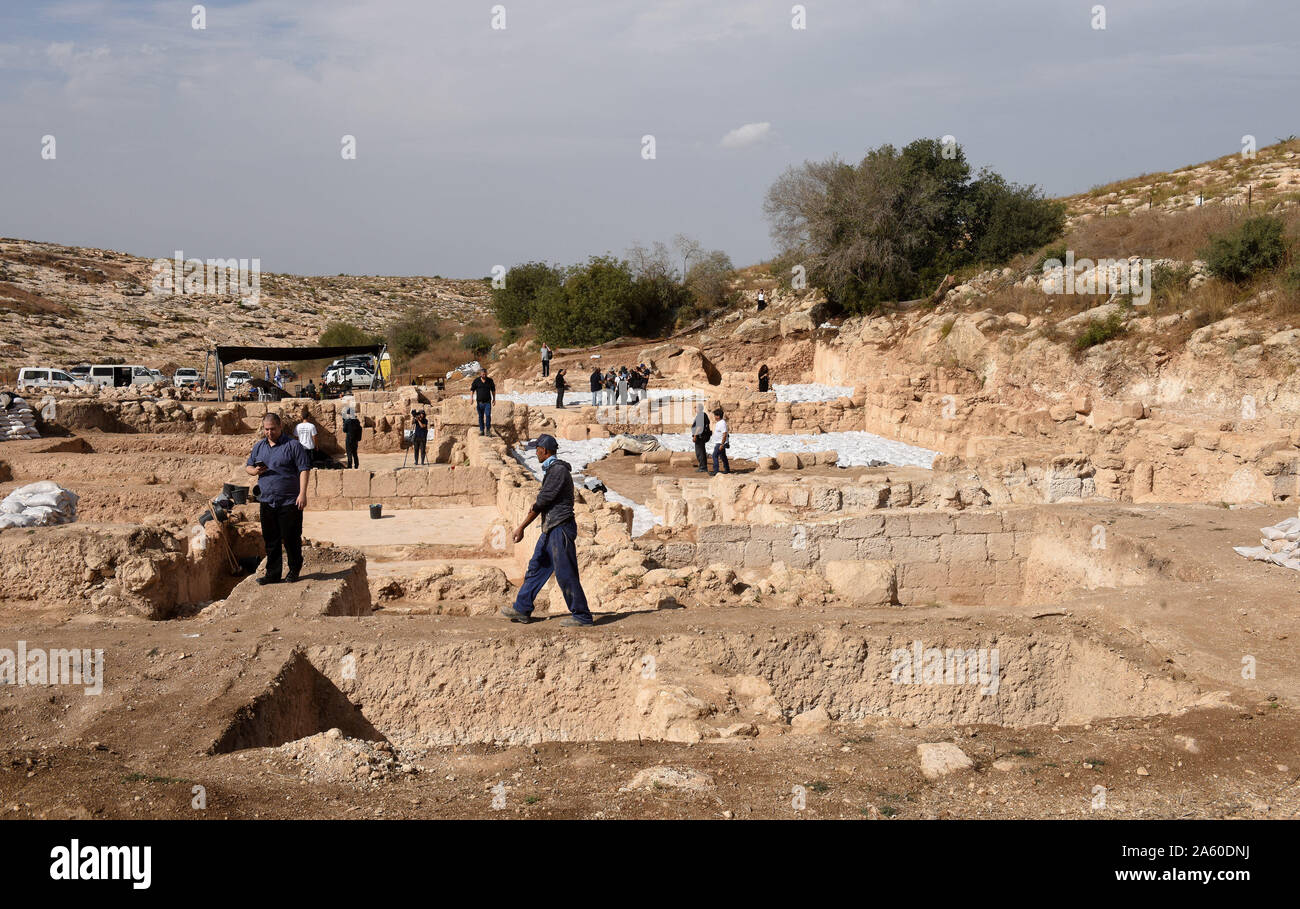 Ramat Beit Shemesh, Israel. 23rd Oct, 2019. Workers from the Israel Antiquities Authority remove dirt from an excavated 1,500 year old Byzantine church in Ramat Beit Shemesh, on Wednesday, October 23, 2019. The three years excavations uncovered the church, Greek inscriptions, mosaics, a baptismal and a crypt of an unknown glorious martyr. Photo by Debbie Hill/UPI Credit: UPI/Alamy Live News Stock Photo