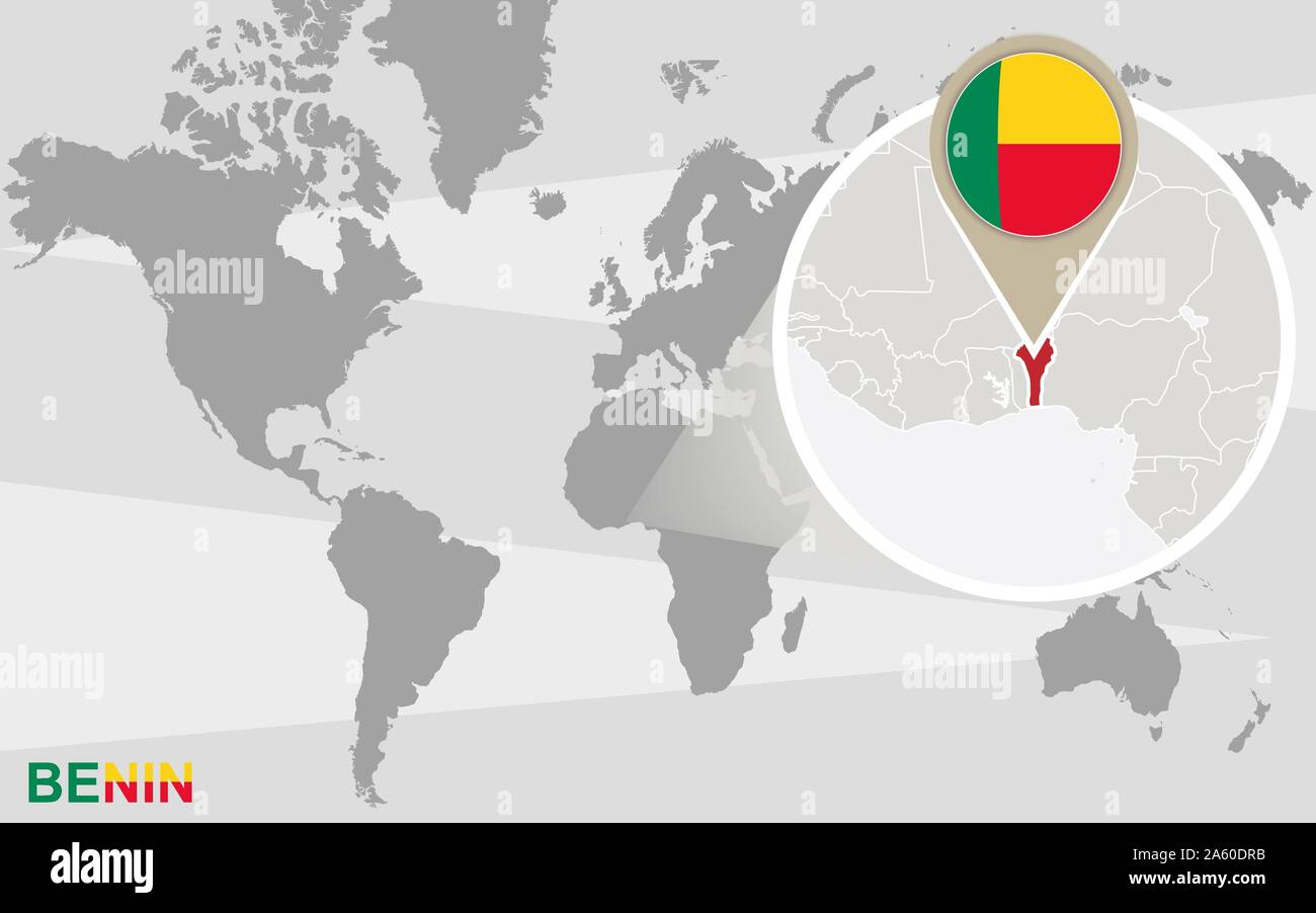 World Map With Magnified Benin Benin Flag And Map Stock Vector Image World Map With Magnified Benin Benin Flag And Map 2A60DRB