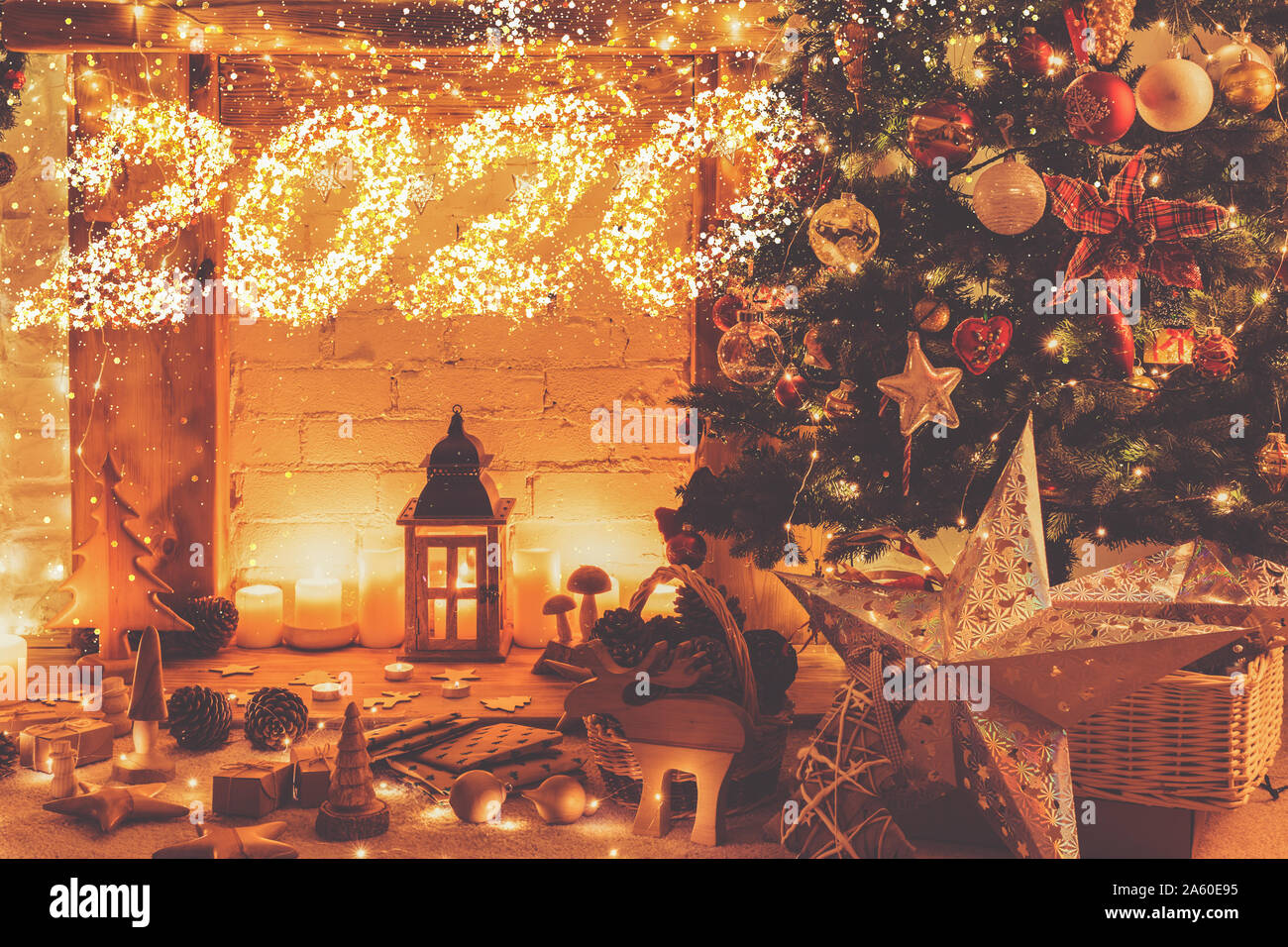 Christmas interior, fireplace lights Stock Photo