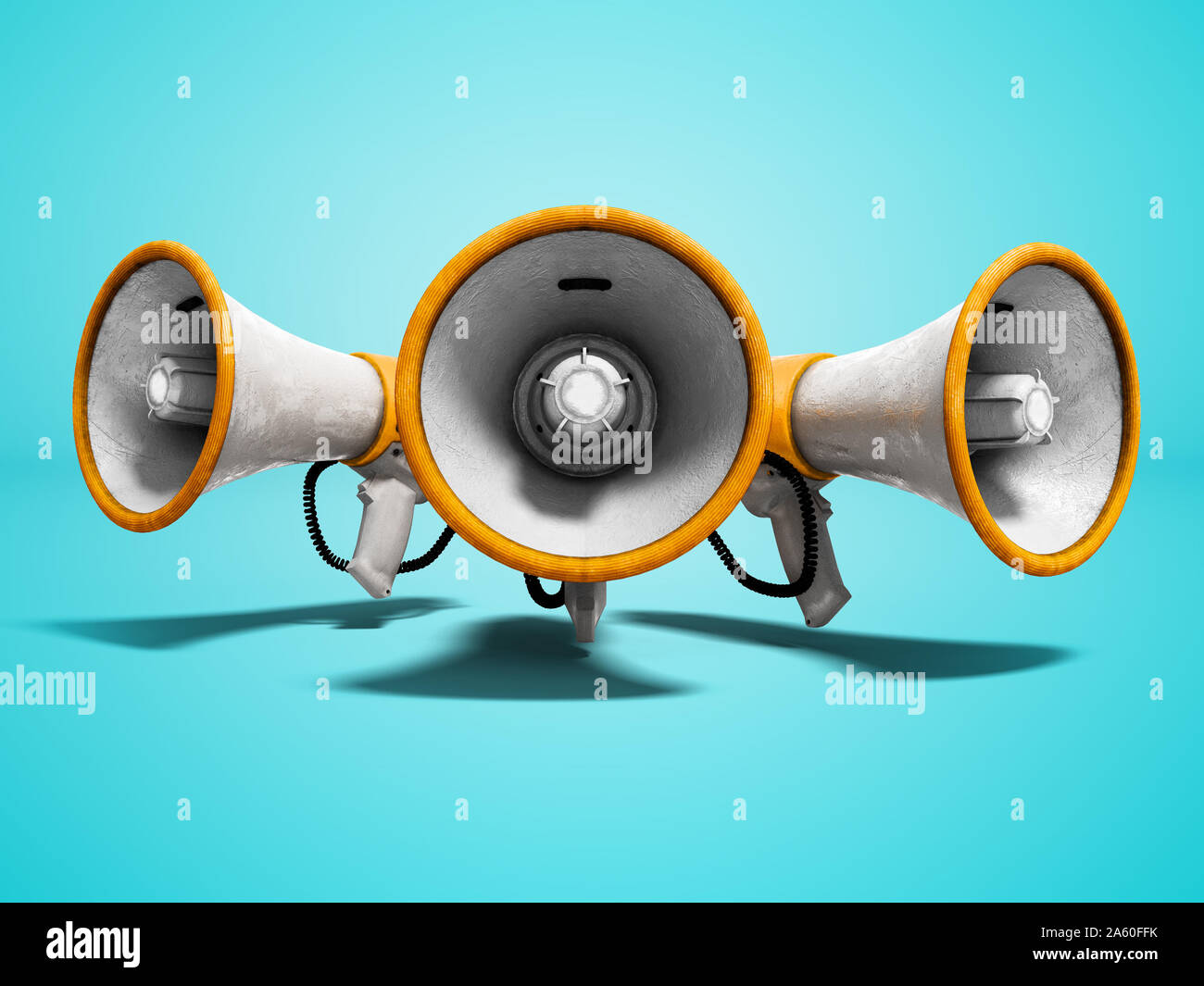 Group of speaker speakers white with yellow accents 3D render on blue