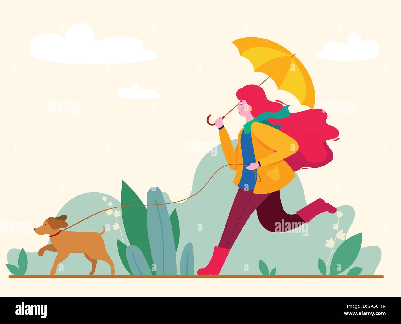 girl and dog walking in the autumn park Stock Vector