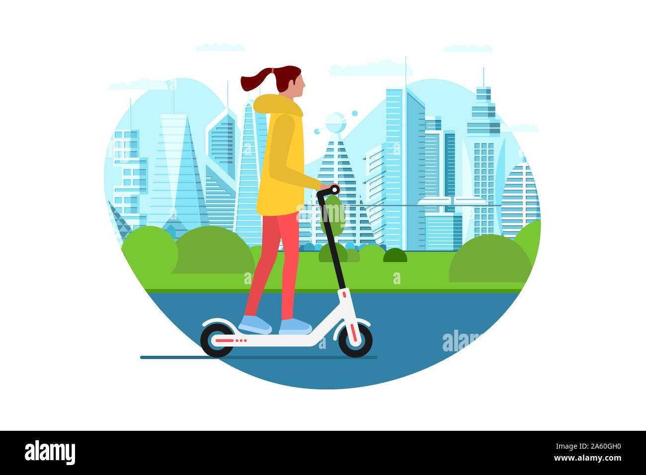 Young female riding electric kick scooter. Activity lifestyle moving concept on future city street. Vector illustration innovative active mobility hipster adult millennial on metropolis cityscape Stock Vector