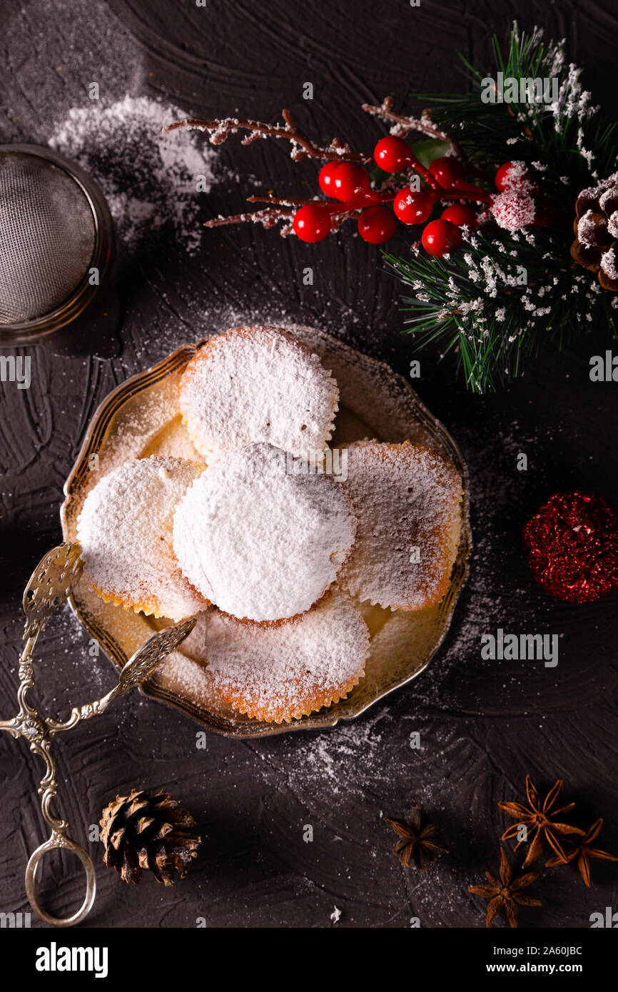 Christmas concept with sweets and accessories on the table Stock Photo