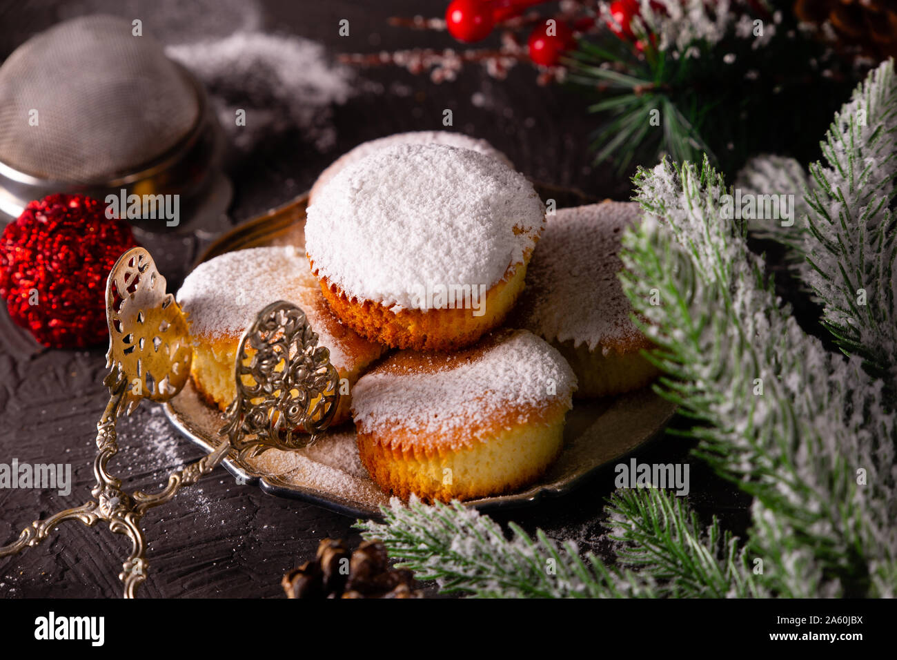 Christmas concept with sweets and accessories on the table Stock Photo
