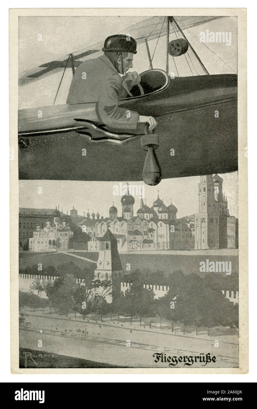 German historical postcard:  German pilot on an airplane drops a bomb on the Kremlin in Moscow, the capital of the Russian Empire, world war one 1916 Stock Photo
