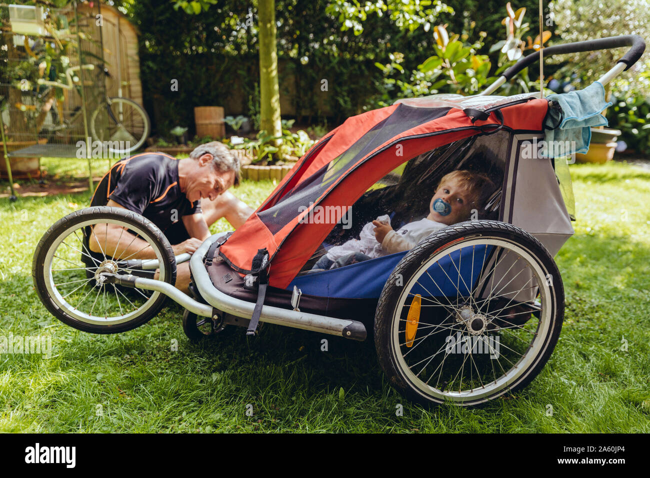 Father repairing bicycle trailer with baby boy sitting in it Stock Photo