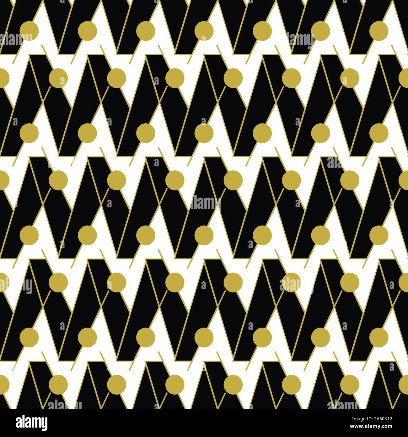 seamless vector pattern with black zig zag and golden lines and circles Stock Vector