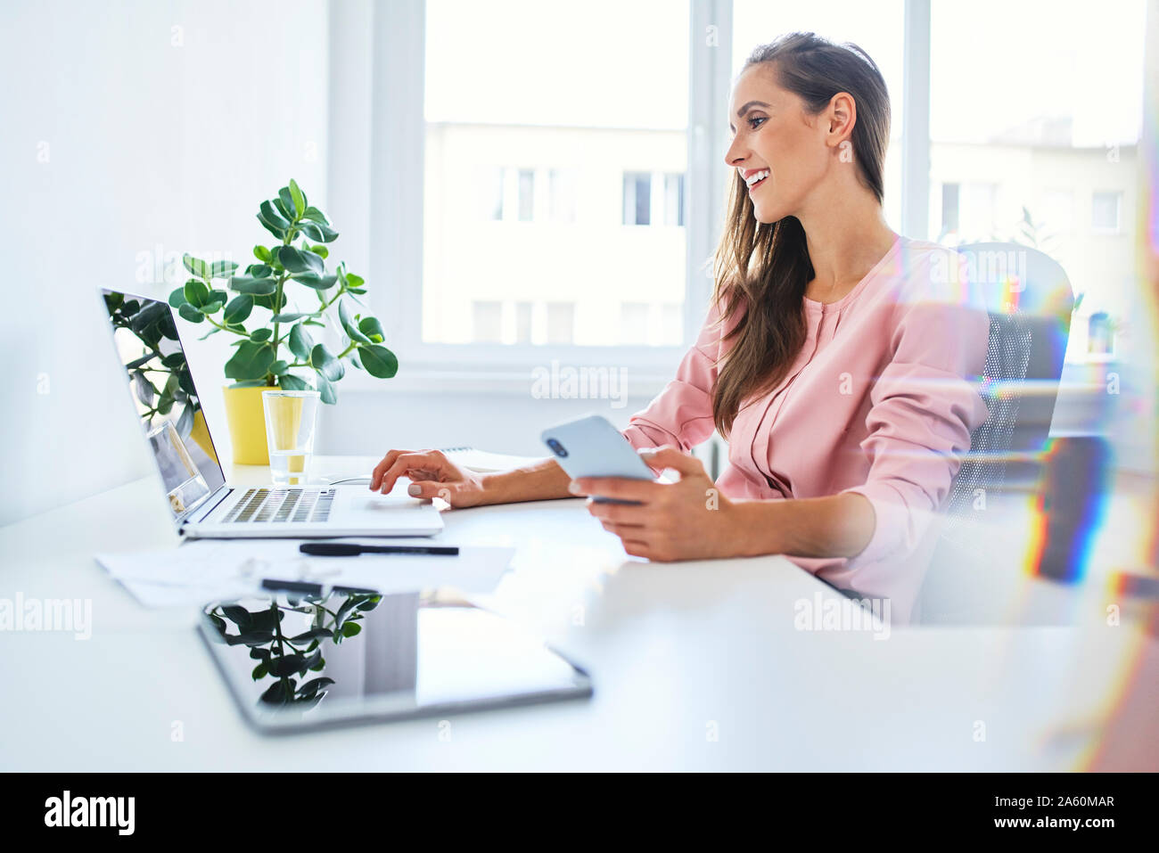 Young businesswoman working on laptop in home office Stock Photo