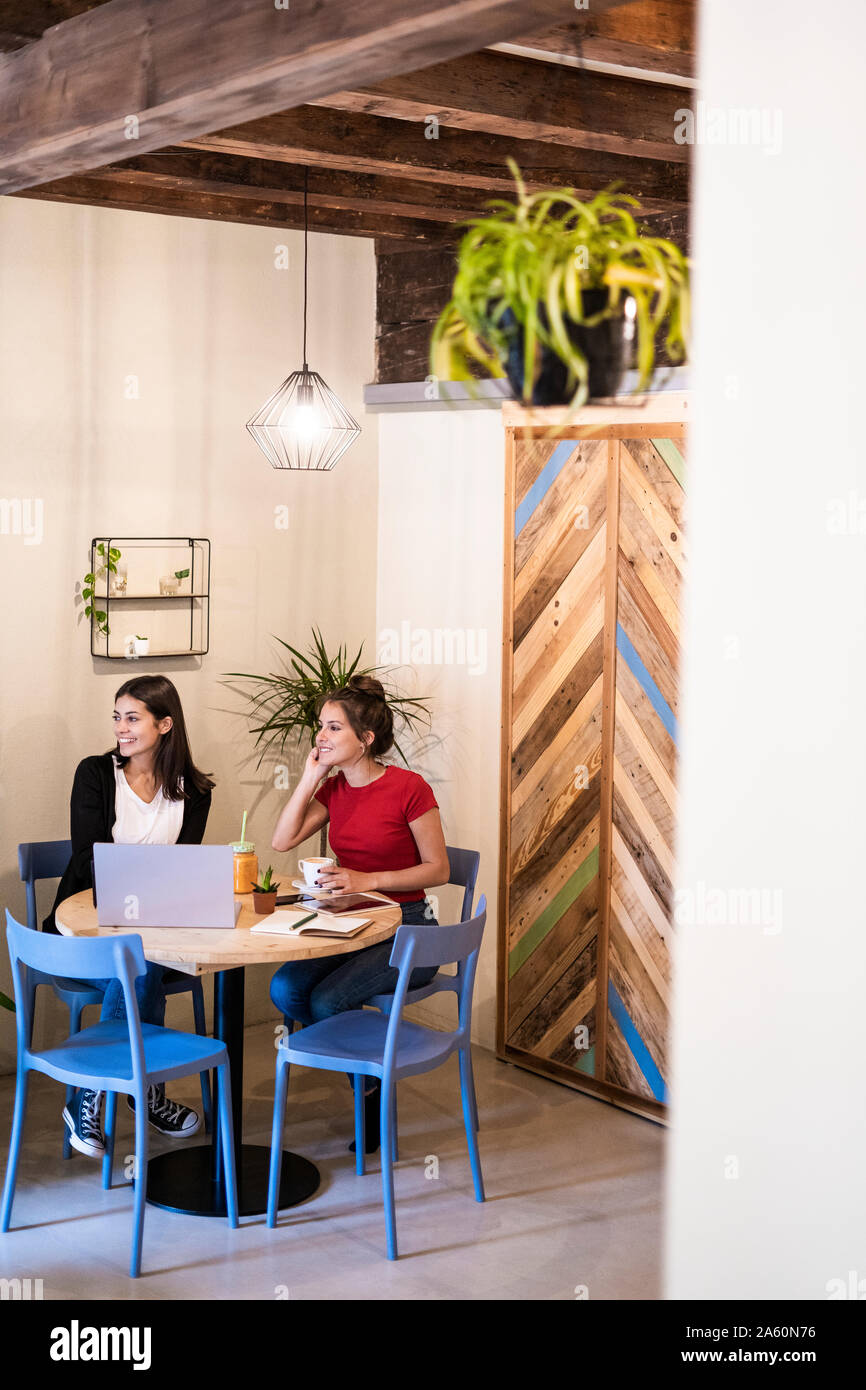Two young women with laptop in a cafe Stock Photo