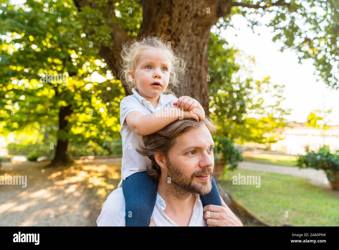Father carrying little daughter on his shoulders Stock Photo