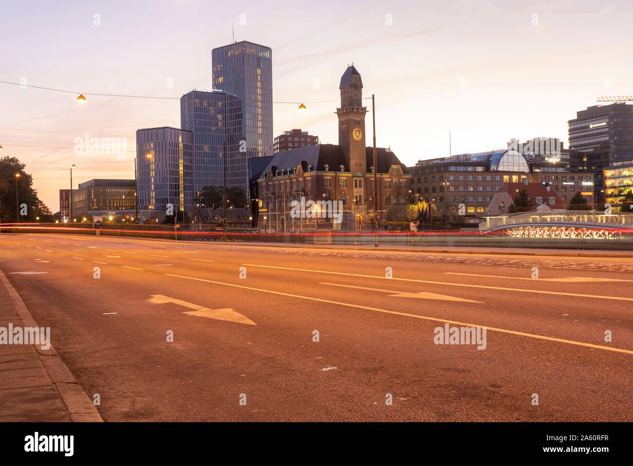 Light trails on street against sky at dusk in Malmo, Sweden Stock Photo