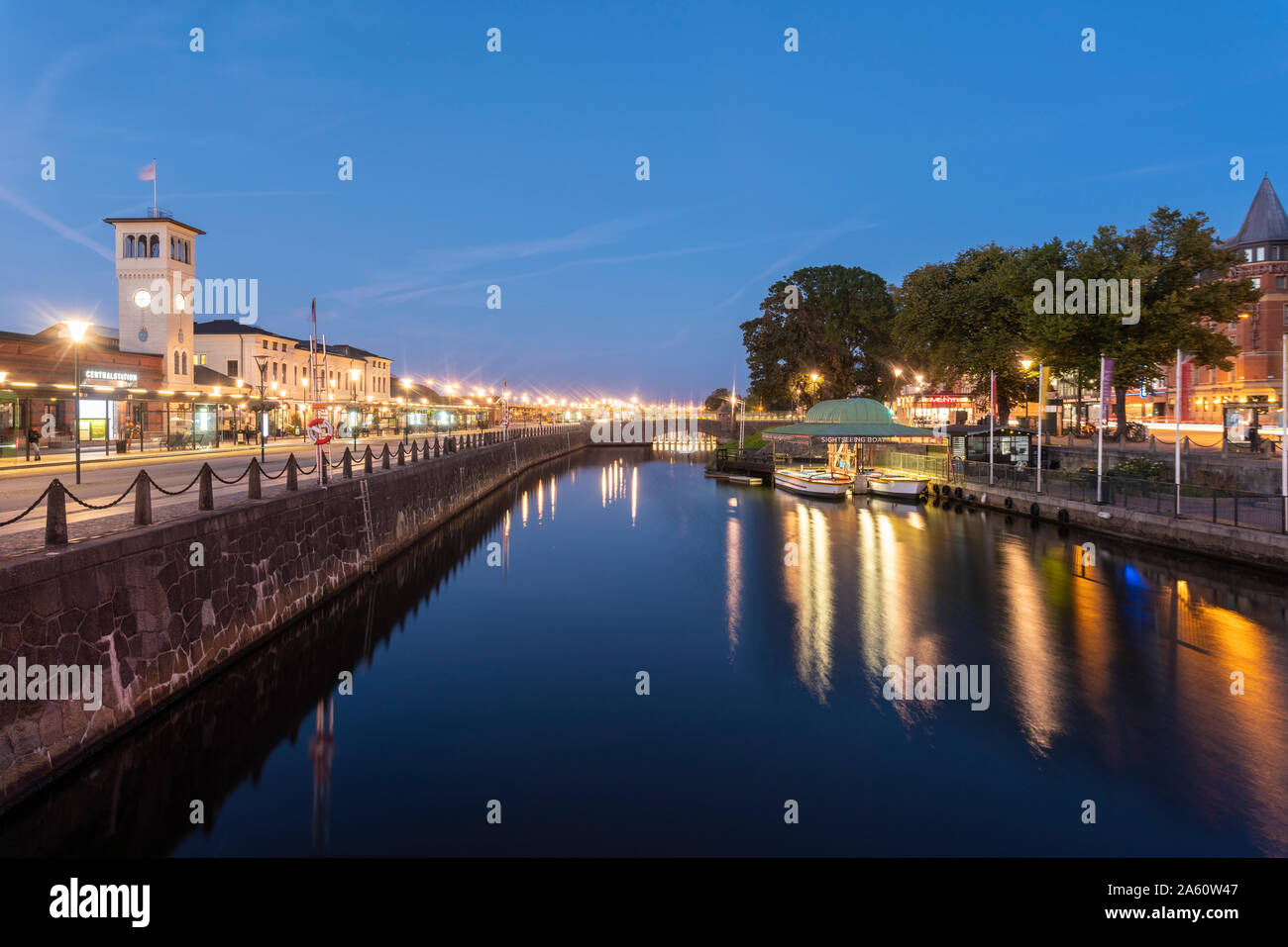 River against blue sky at night in Malmo, Sweden Stock Photo