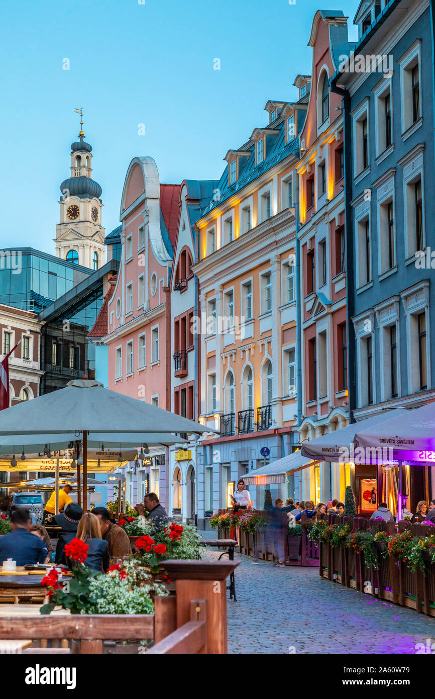 Restaurants at Night, Old Town, Riga, Latvia, Europe Stock Photo