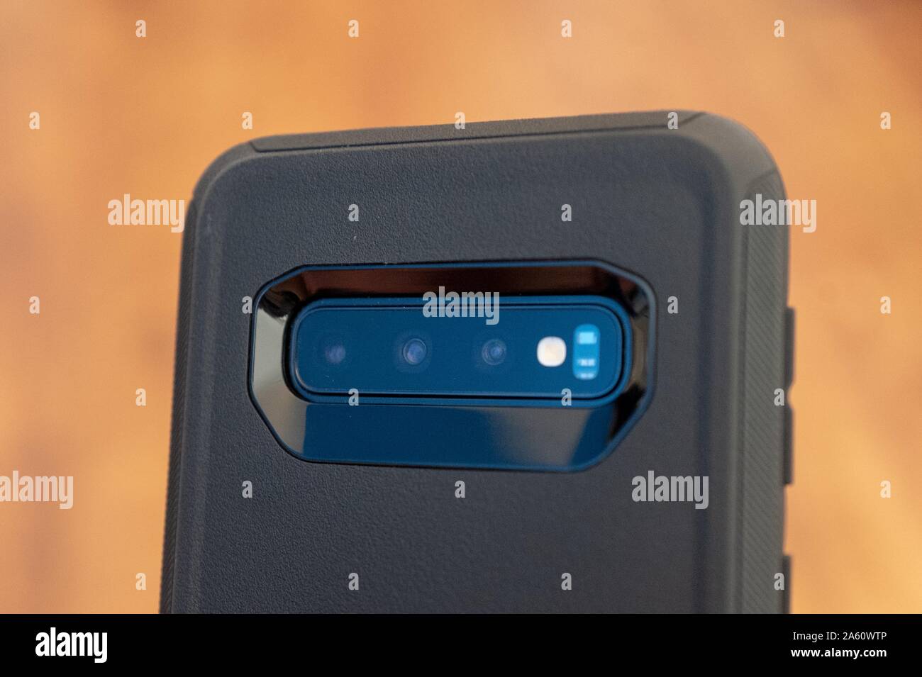 Close-up of the rear of a Samsung Galaxy S10 smart phone, showing multiple cameras, including a wide angle camera, close-up camera and standard camera, part of a trend towards integrating multiple cameras with differing focal lengths into cellphones, September 17, 2019. () Stock Photo
