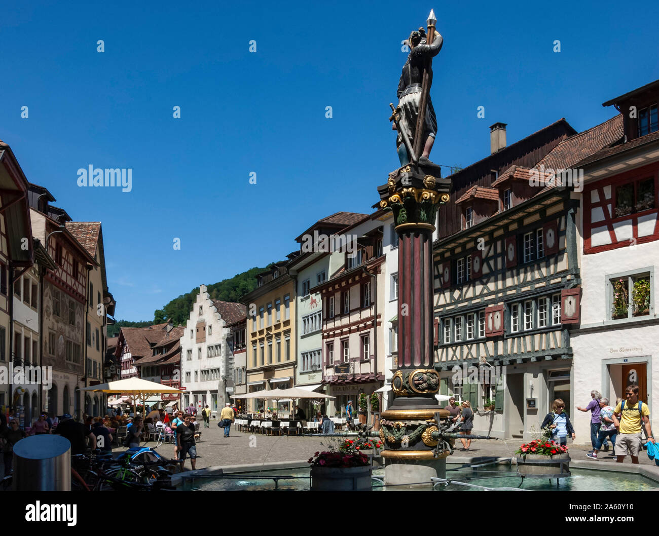 Street scene, fountain with Historic Market Cross, Stein am Rhein, Canton of Schaffhausen, Switzerland, Europe Stock Photo