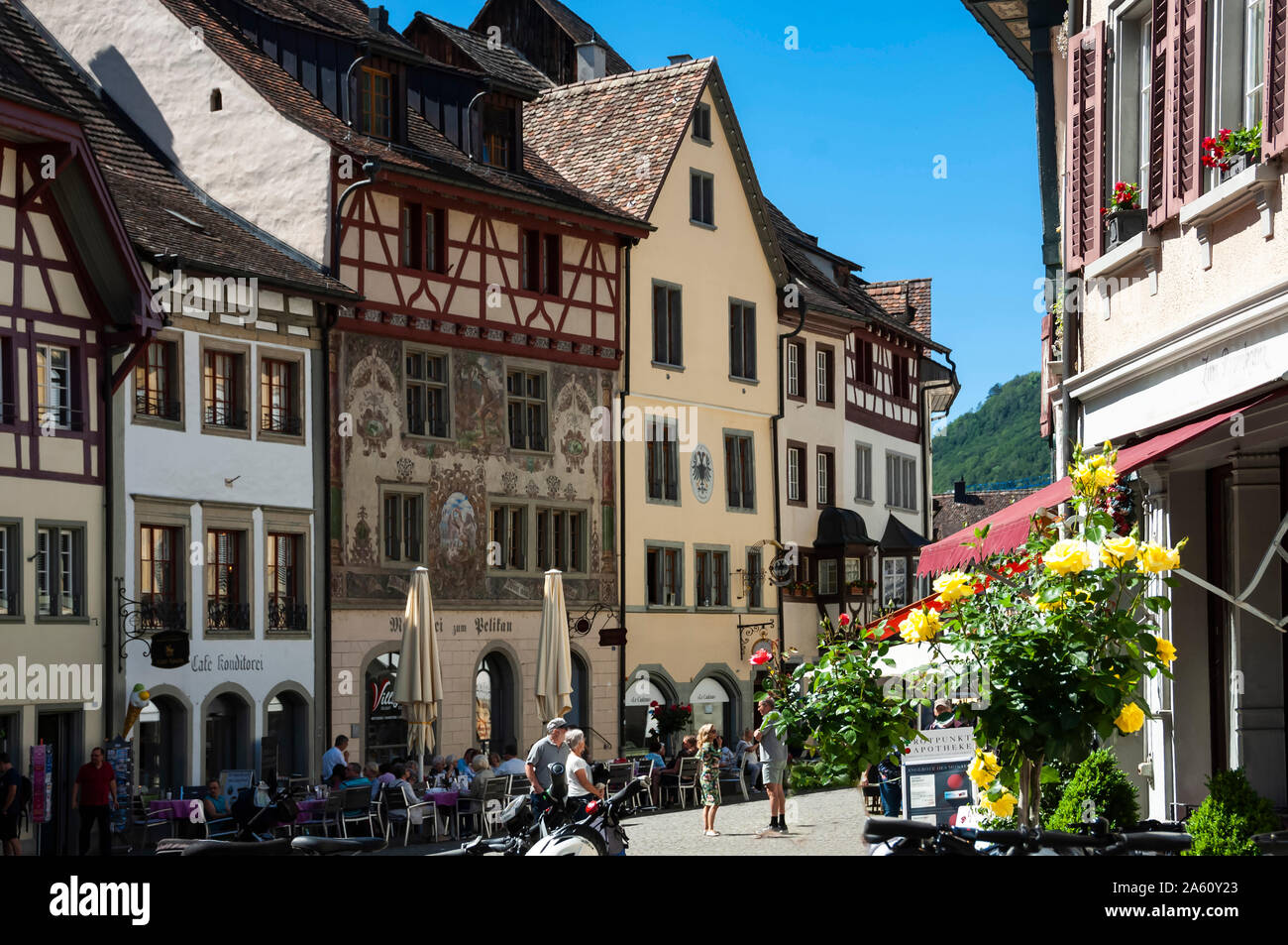Traditional architecture, Street scene, Stein am Rhein, Canton of Schaffhausen, Switzerland, Europe Stock Photo