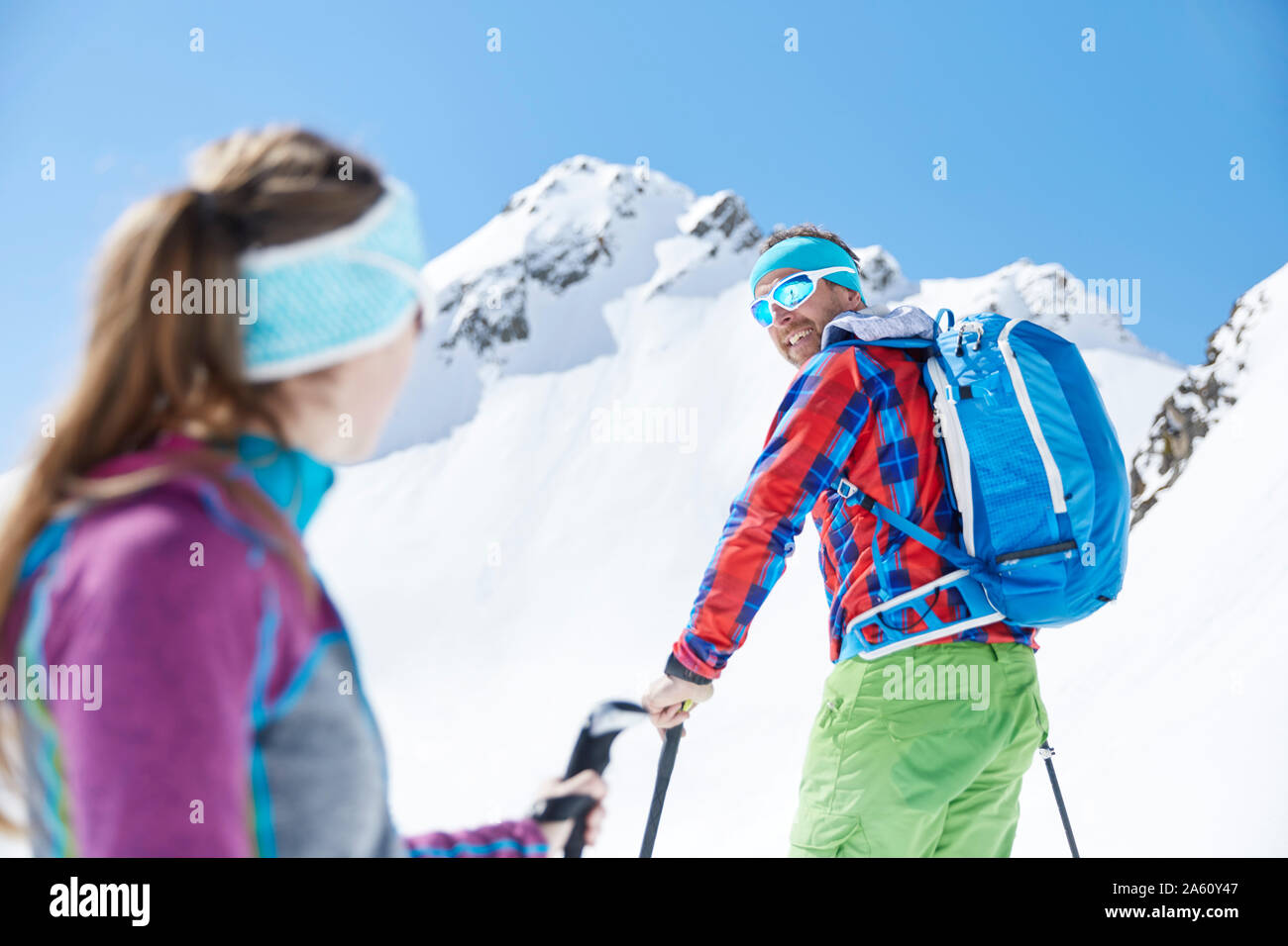 Couple ski touring in the mountains, Kuehtai, Tyrol, Austria Stock Photo