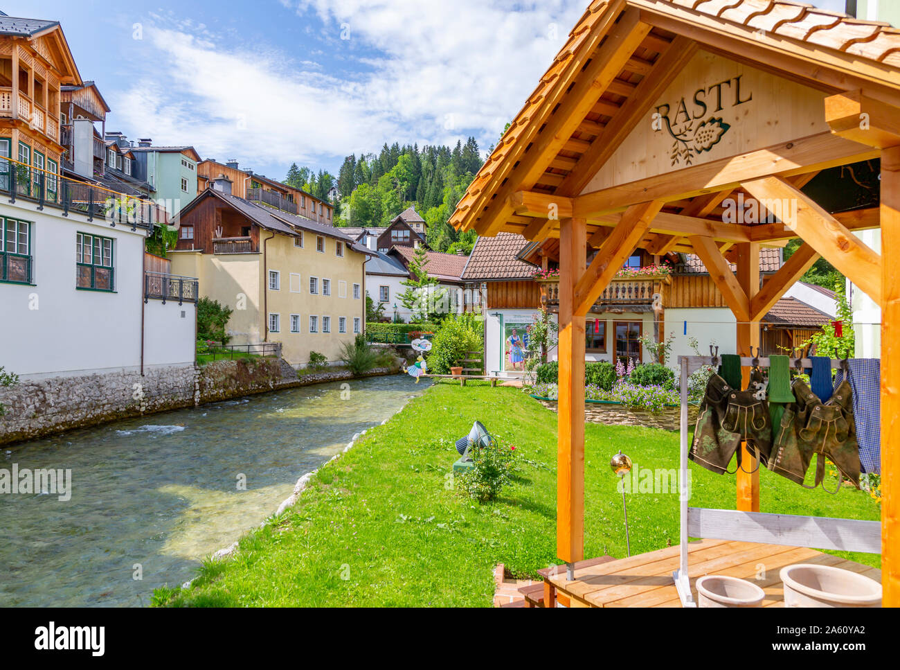 View of colourful buildings and river in Bad Aussie, Styria, Austria, Europe Stock Photo