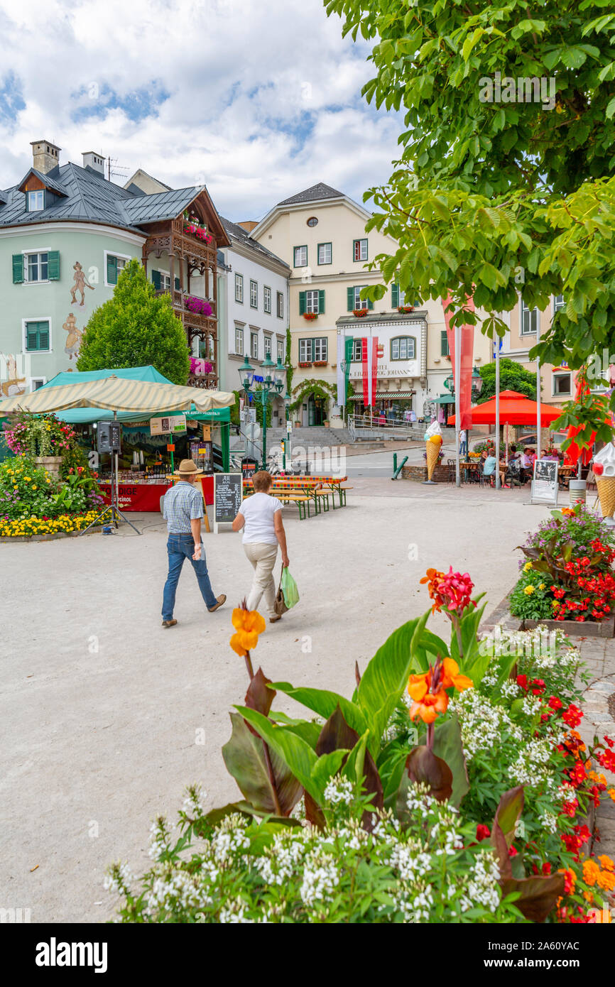 View of colourful buildings and flowers in Bad Aussie, Styria, Austria, Europe Stock Photo