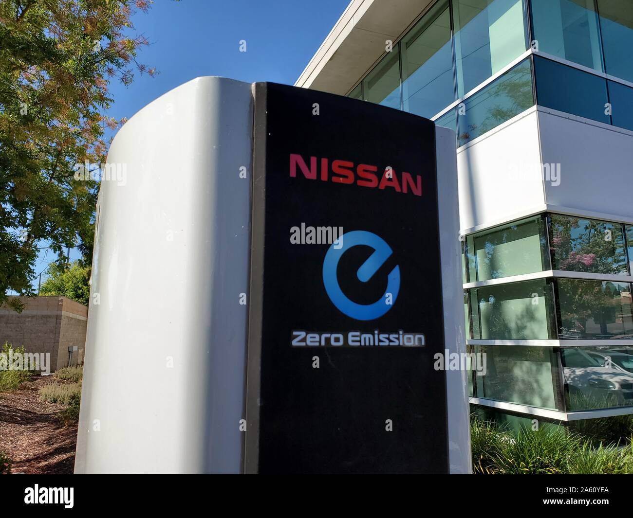 Close-up of electrical vehicle charging station with logo and text reading Nissan Zero Emission in San Ramon, California, September 5, 2019. () Stock Photo
