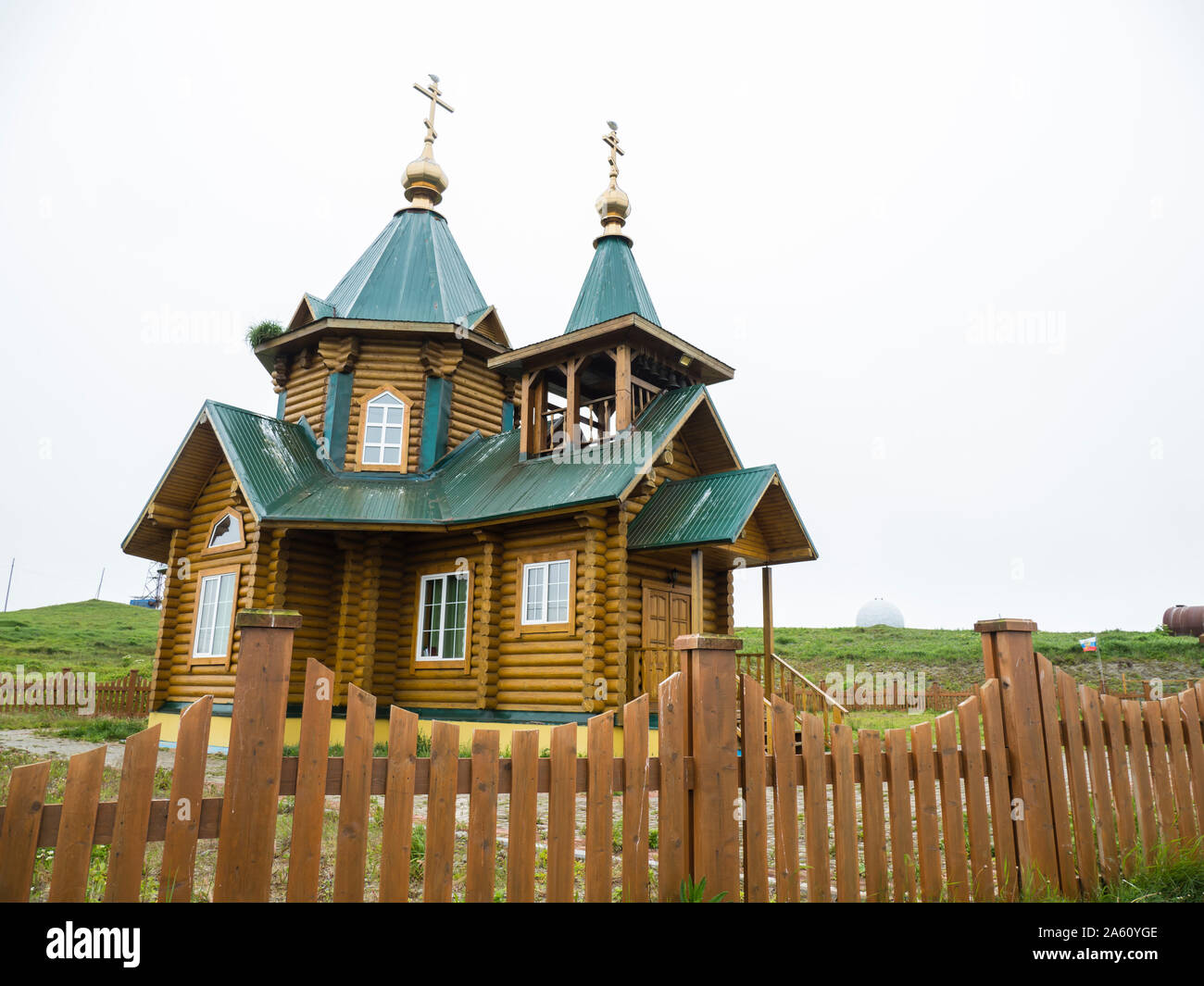 Exterior view of the Russian Orthodox Church in Nikolskoye Village, Commander Islands, Kamchatka, Russia, Eurasia Stock Photo