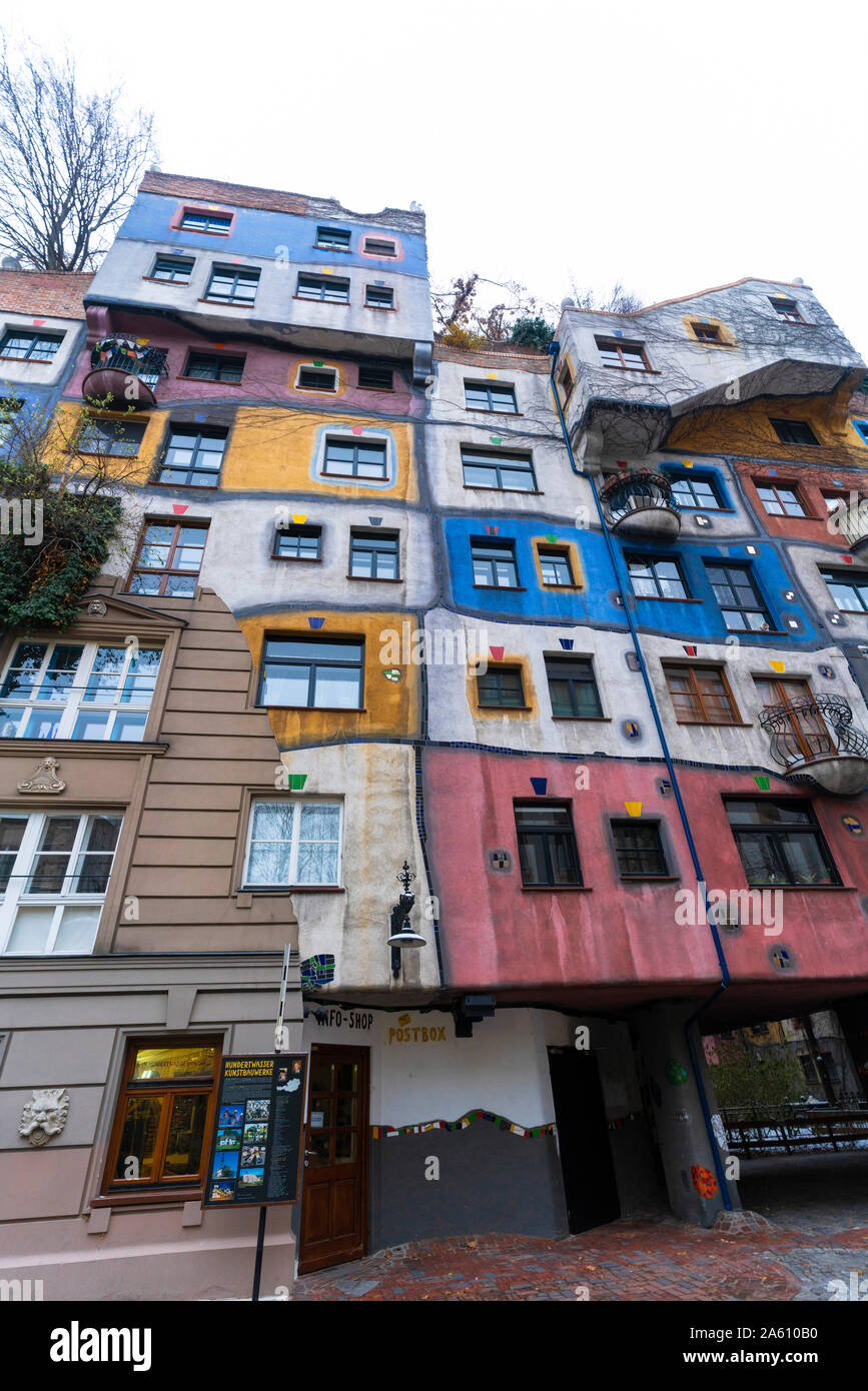 Colorful facades of apartments in the iconic Hundertwasser Village, Hundertwasserhaus, Vienna, Austria, Europe Stock Photo