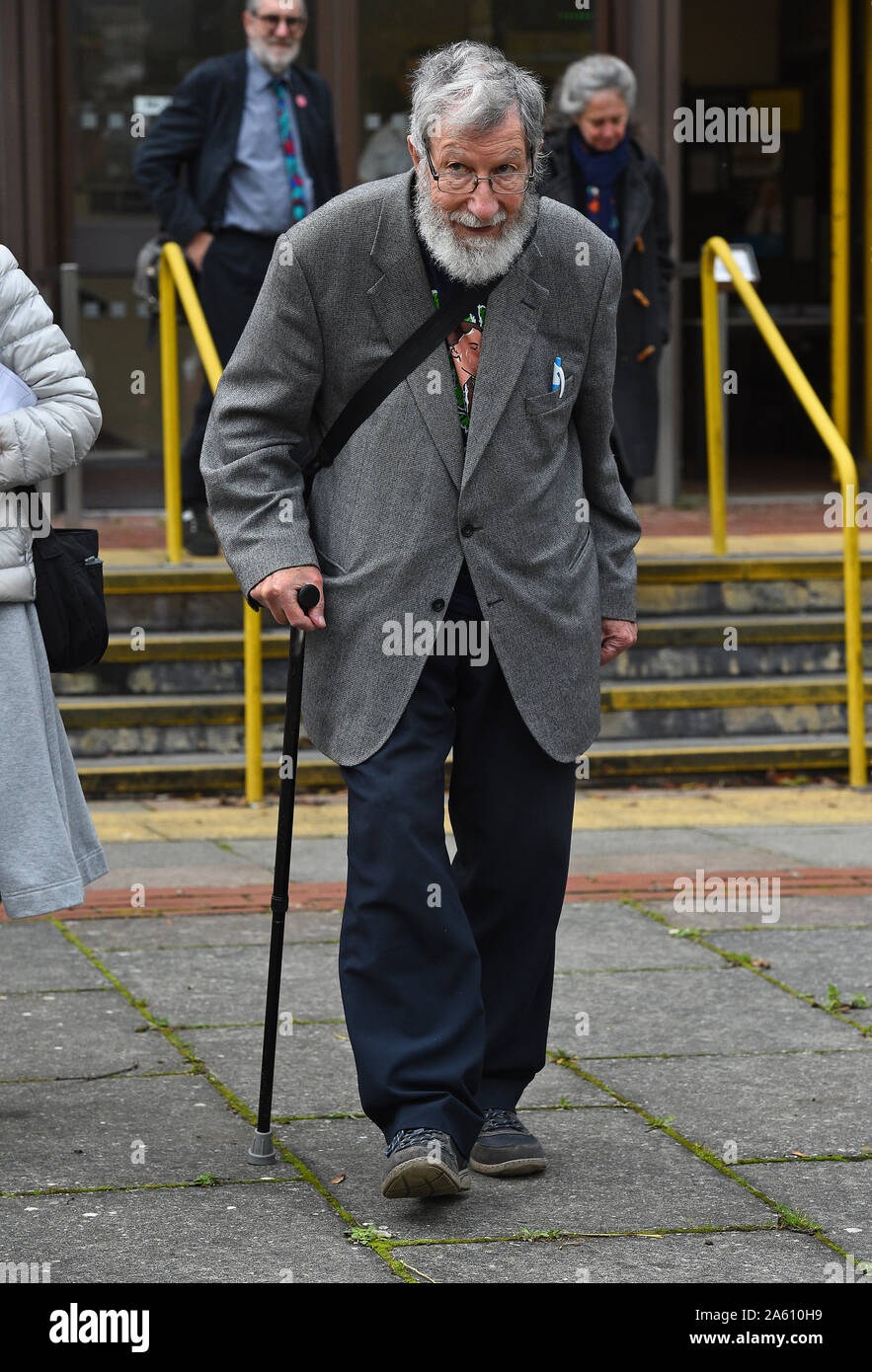 Extinction Rebellion activist John Lynes, 91, leaving Folkestone Magistrates' Court where he denied disobeying a police condition during a demonstration as Extinction Rebellion activists sought to blockade the Port of Dover. Stock Photo
