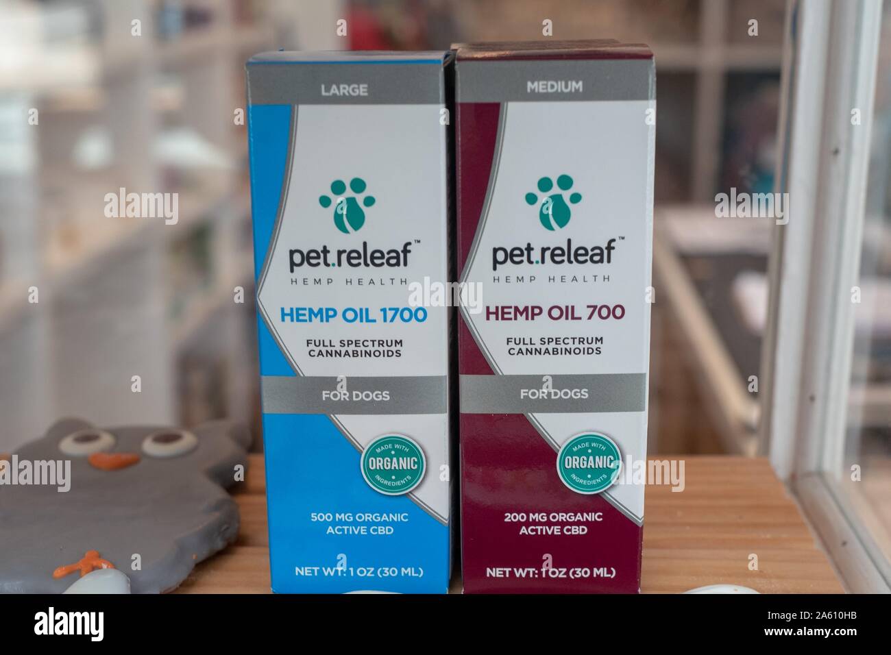 CBD oil formulated for pets is on sale at a boutique pet shop in San Ramon, California, following the legalization of hemp-derived cannabis products in 2018, September 24, 2019. () Stock Photo