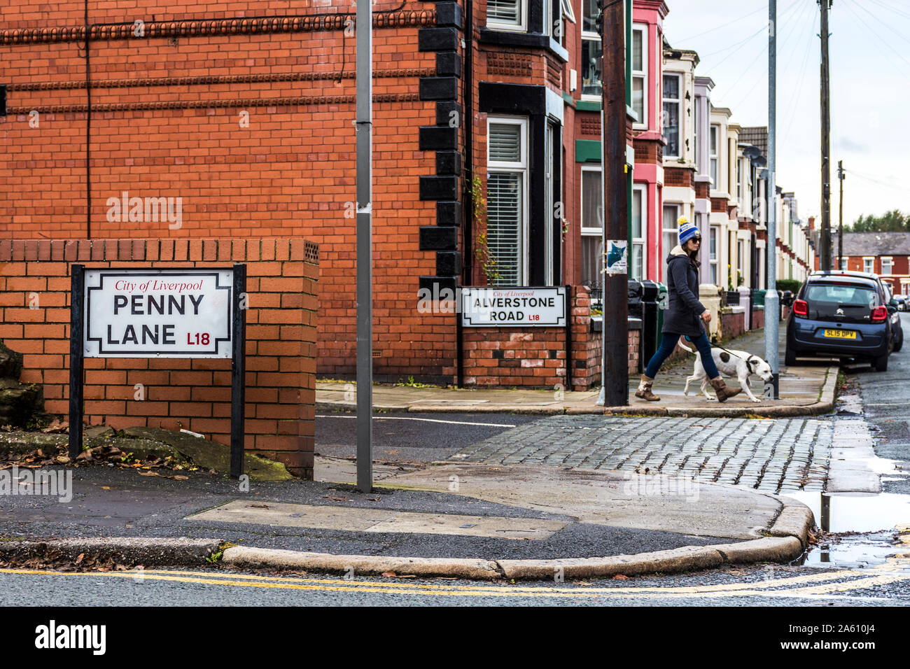 Penny Lane reflections, Liverpool, UK. The street made famous in The Beatles song. Suburban L18 Stock Photo