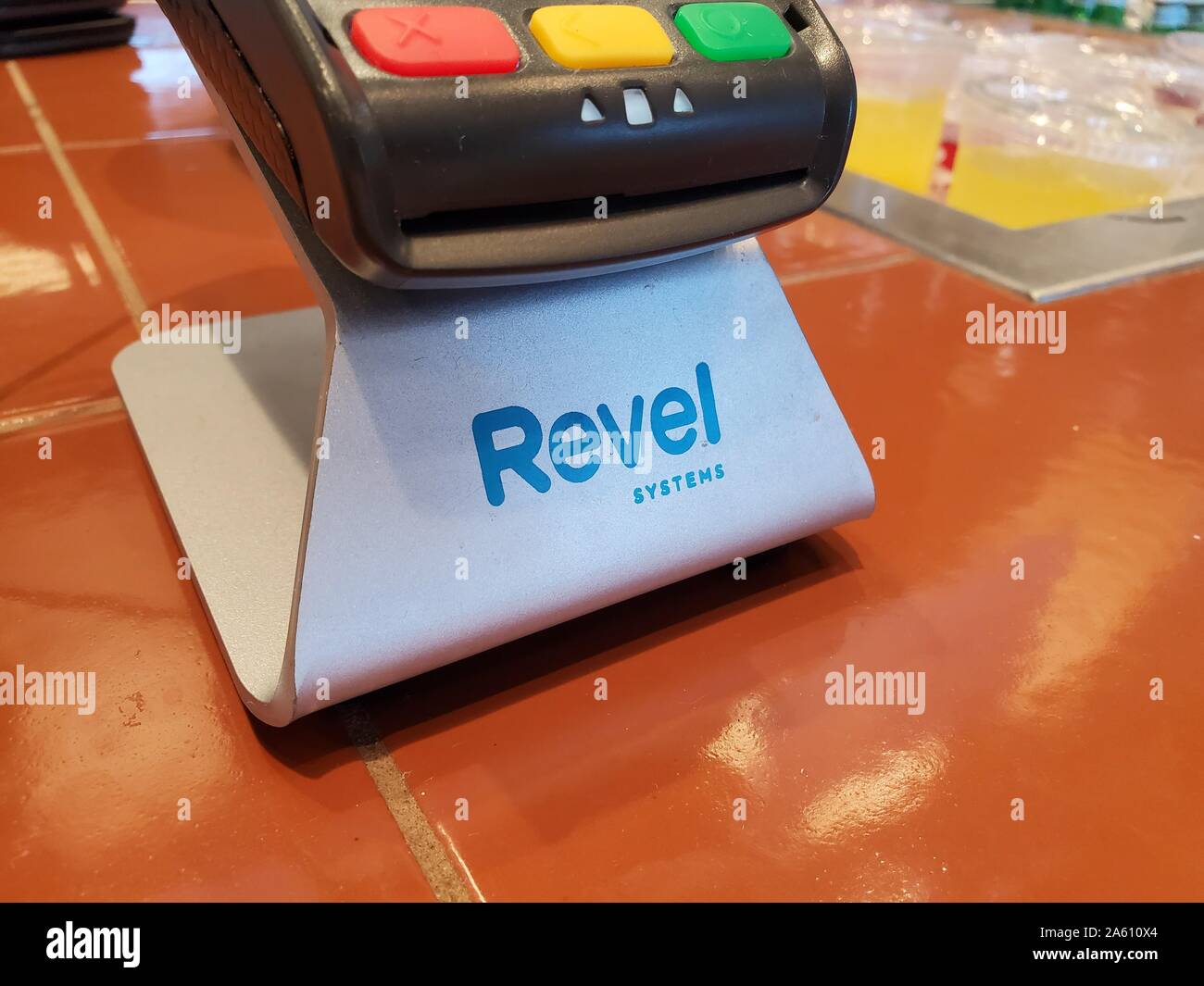 Close-up of logo for point of sale company Revel on POS system at a restaurant in San Ramon, California, September 30, 2019. () Stock Photo