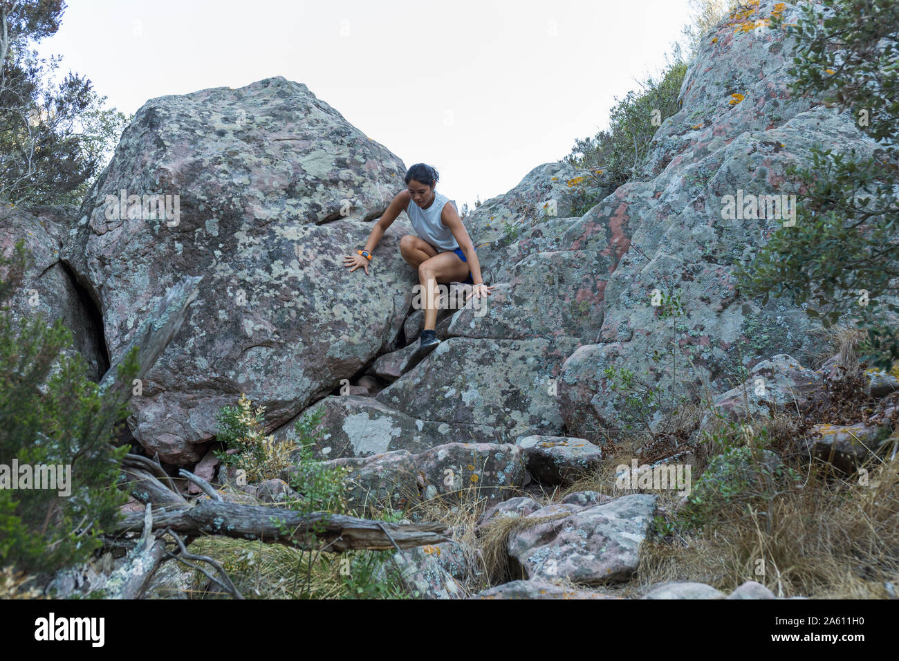 Young Asian woman climbing in a rock wall Stock Photo - Alamy