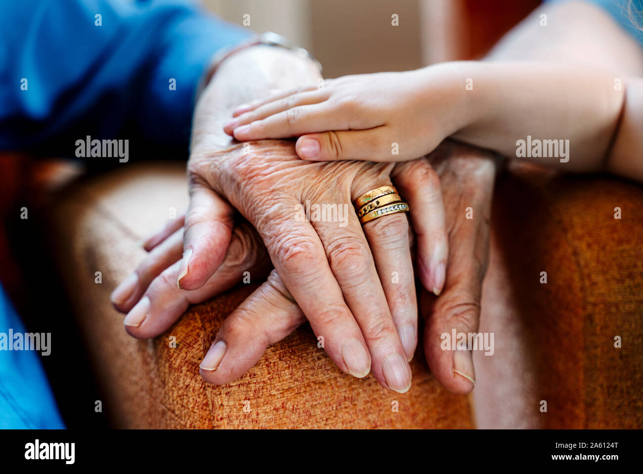 Elderly couple and baby's hand, generations together Stock Photo