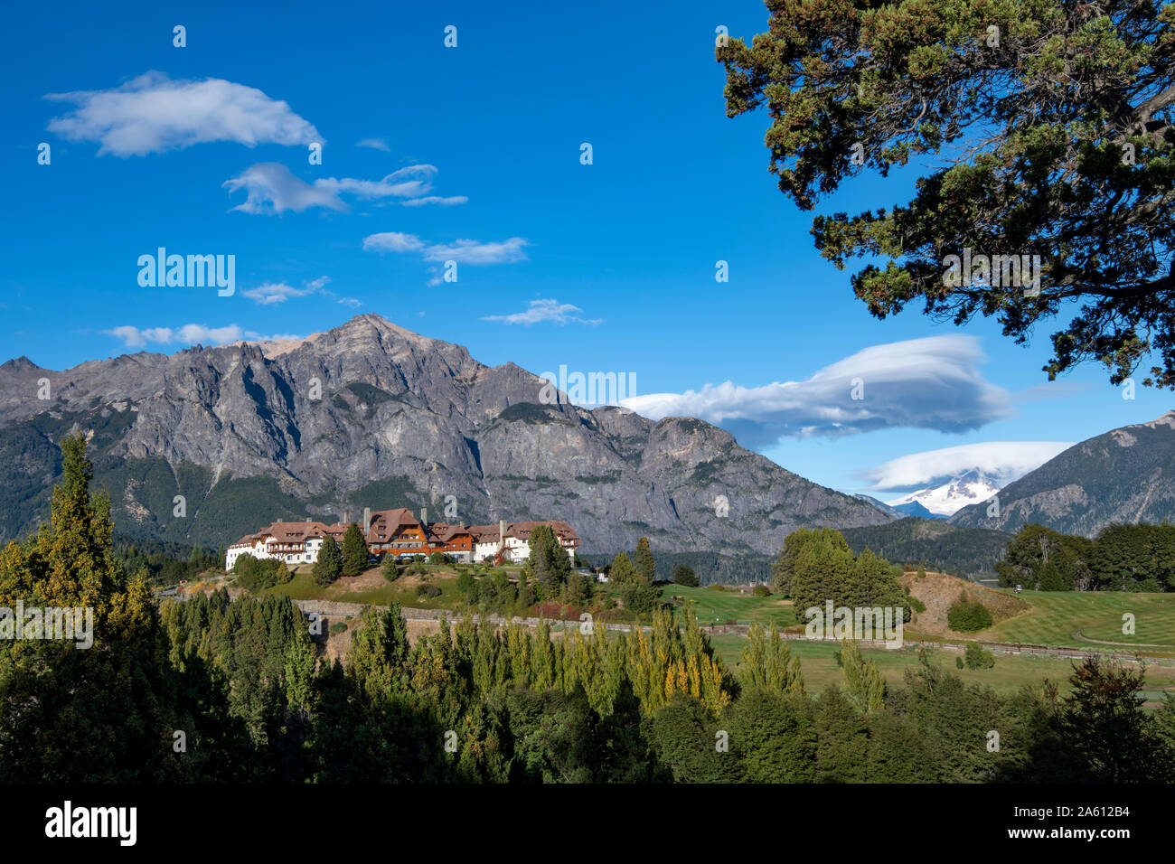 Llao Llao Hotel set against mountain backdrop, Bariloche, Patagonia, Argentina, South America Stock Photo