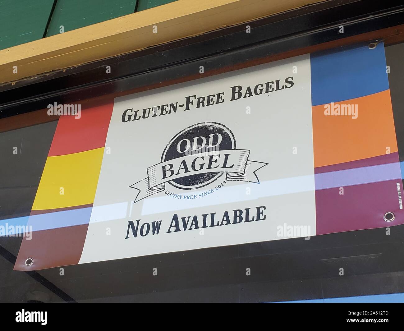 Sign advertising gluten free bagels from Odd Bagel, part of a trends towards gluten-free eating in the San Francisco Bay Area, Walnut Creek, California, September 27, 2019. () Stock Photo