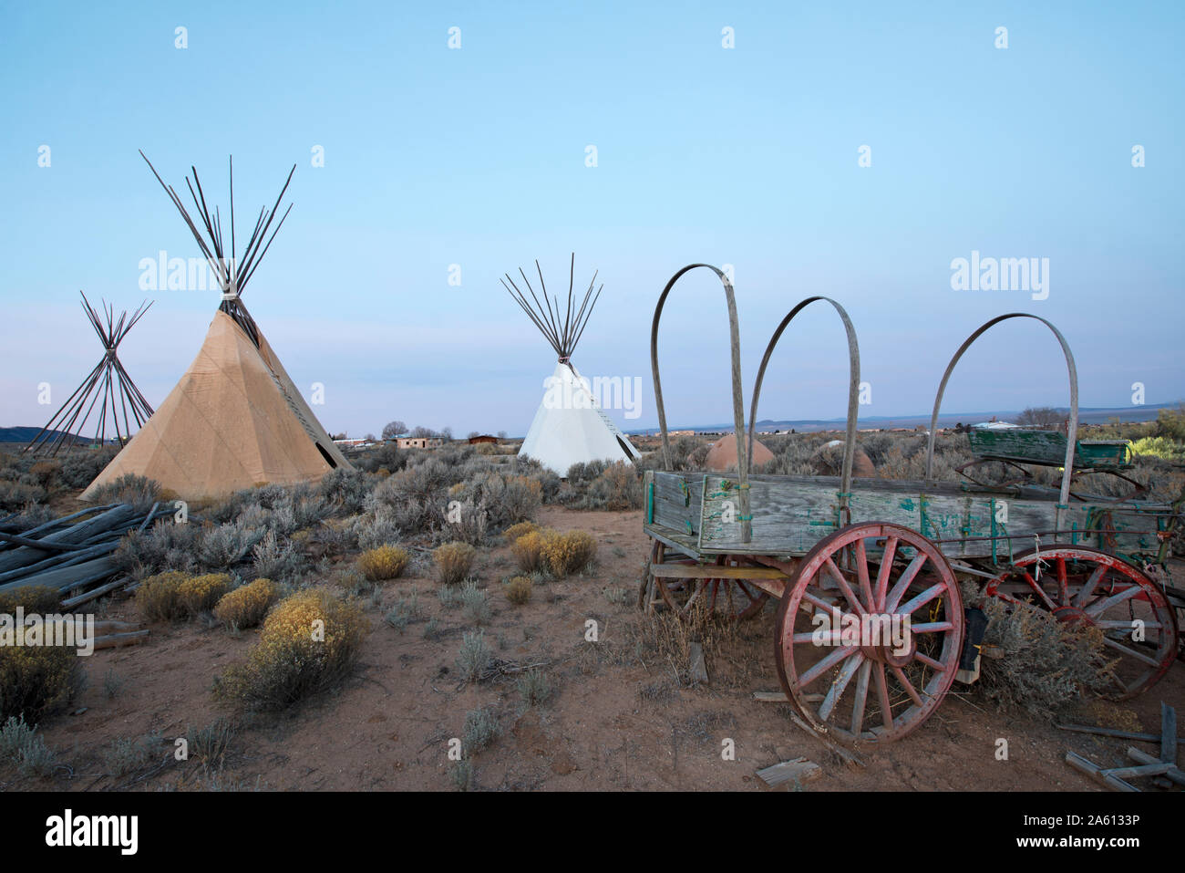 Teepees (tipis) on display at dusk in Taos, New Mexico, United States