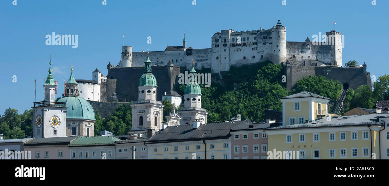 Rooftops, Cathedral twin towers, Citadel Castle, Salzburg, Austria, Europe Stock Photo