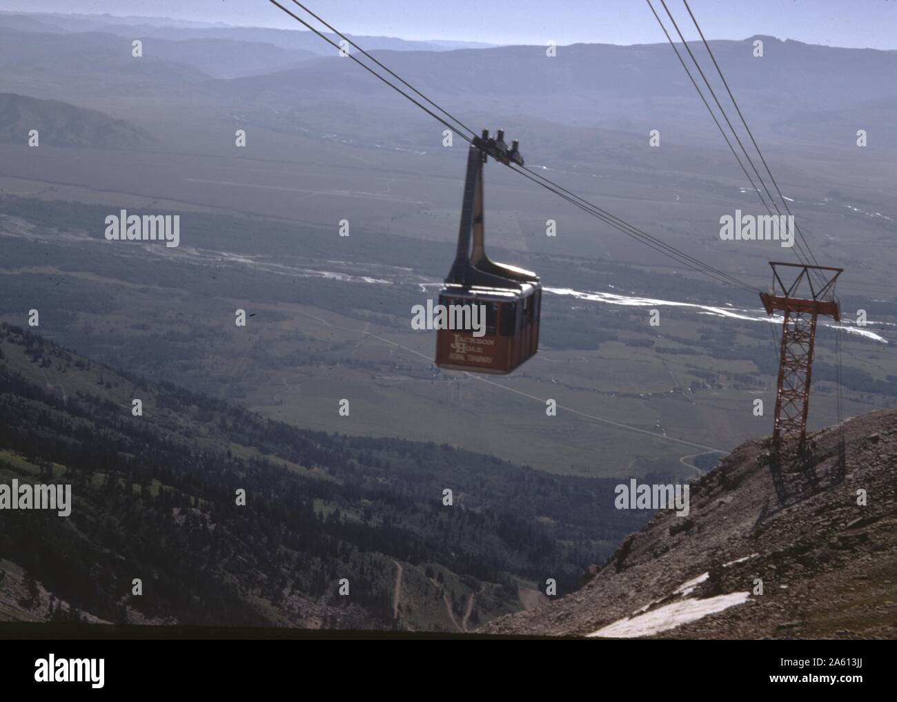 Car on Jackson Hole Aerial Tramway ascending a mountain in Jackson Hole