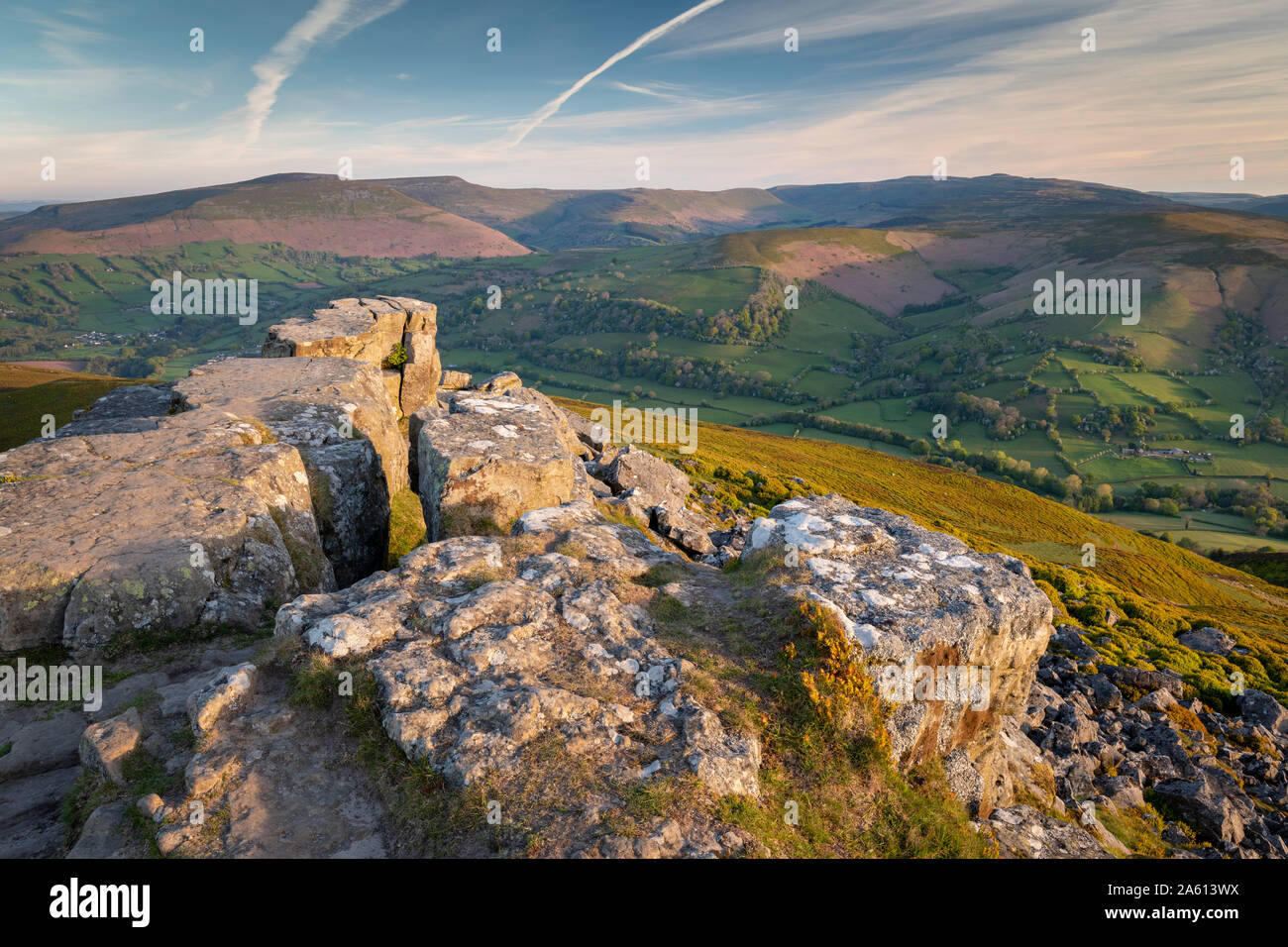 Vista from the summit of the Sugarloaf, Brecon Beacons National Park, Monmouthshire, Wales, United Kingdom, Europe Stock Photo