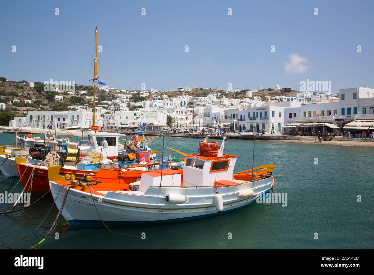 Fishing Boat, Mykonos Harbor, Mykonos Island, Cyclades Group, Greek Islands, Greece, Europe Stock Photo