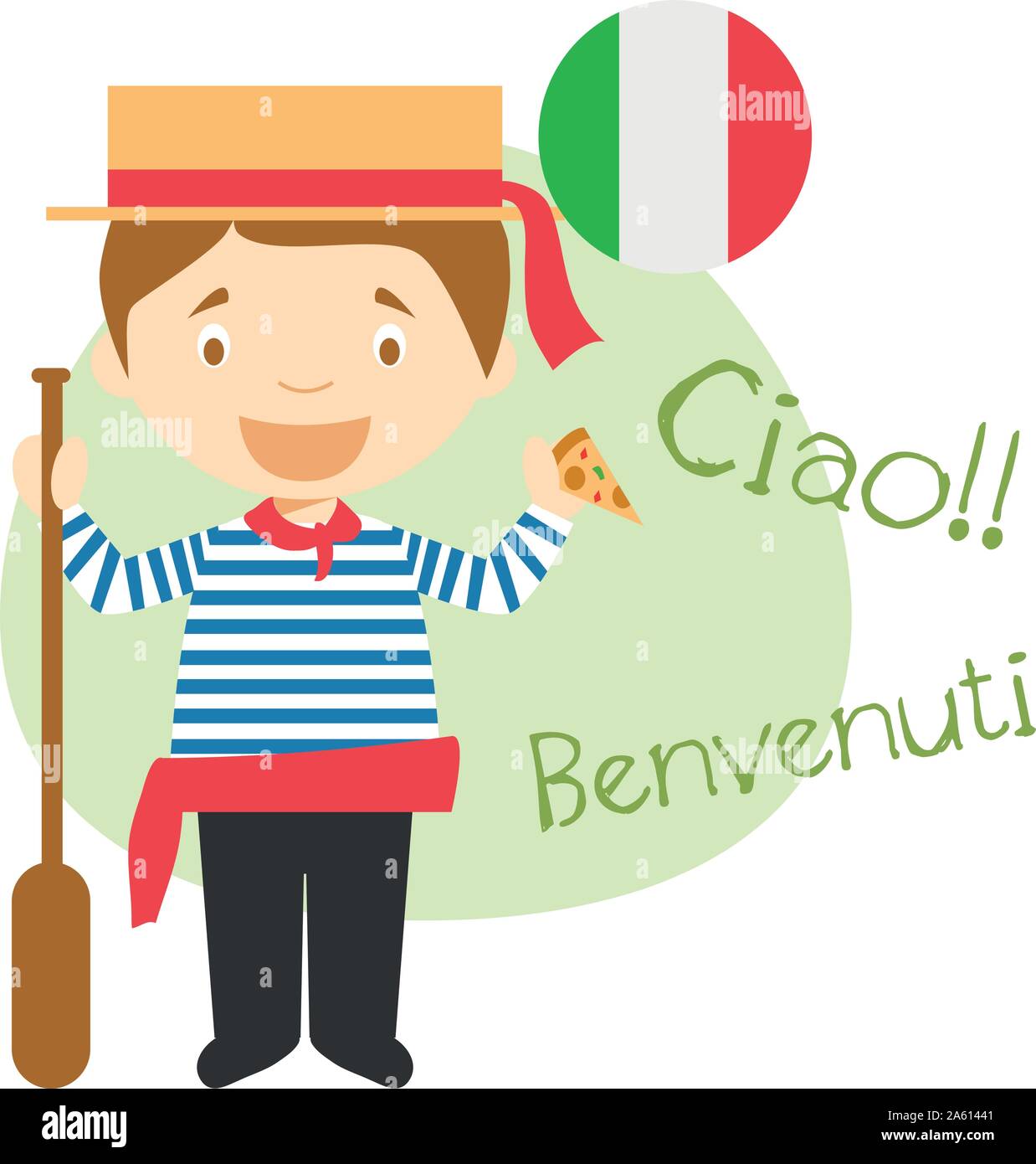 Vector illustration of cartoon characters saying hello and in