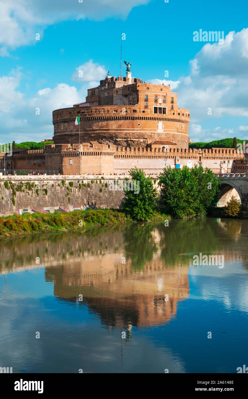 ROME, ITALY - OCTOBER 16, 2019: A view of the Tiber River and Castel Sant Angelo or Mausoleum of Hadrian, in Rome, Italy, on the left Stock Photo