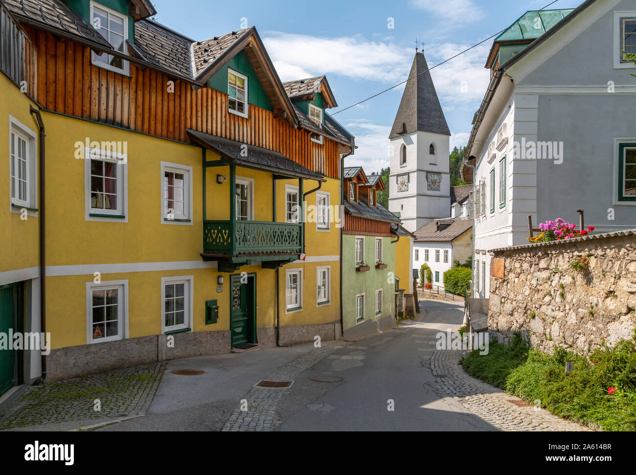 View of colourful buildings and church in Bad Aussie, Styria, Austria, Europe Stock Photo