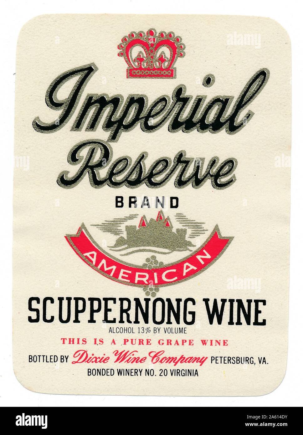 Vintage label for a bottle of 'Imperial Reserve' Scuppernong Wine, with silhouettes of a crown and a castle, bottled by Dixie Wine Company, Petersburg, Virginia, 1945. () Stock Photo