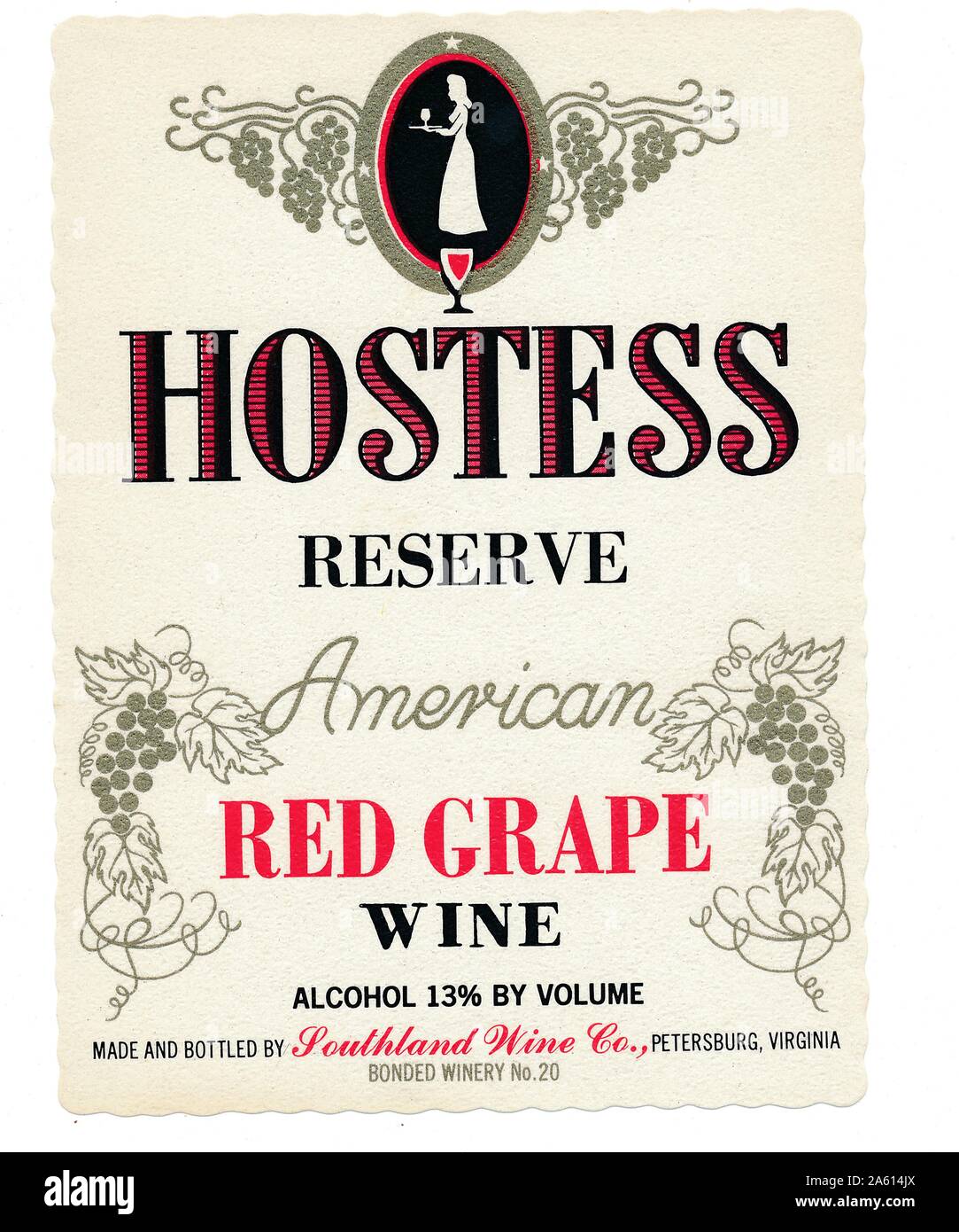 Vintage label for a bottle of 'Hostess Reserve' red wine, with a silhouette of a woman carrying a wine glass on a tray, bottled by the Southland Wine Company, Petersburg, Virginia, 1945. () Stock Photo
