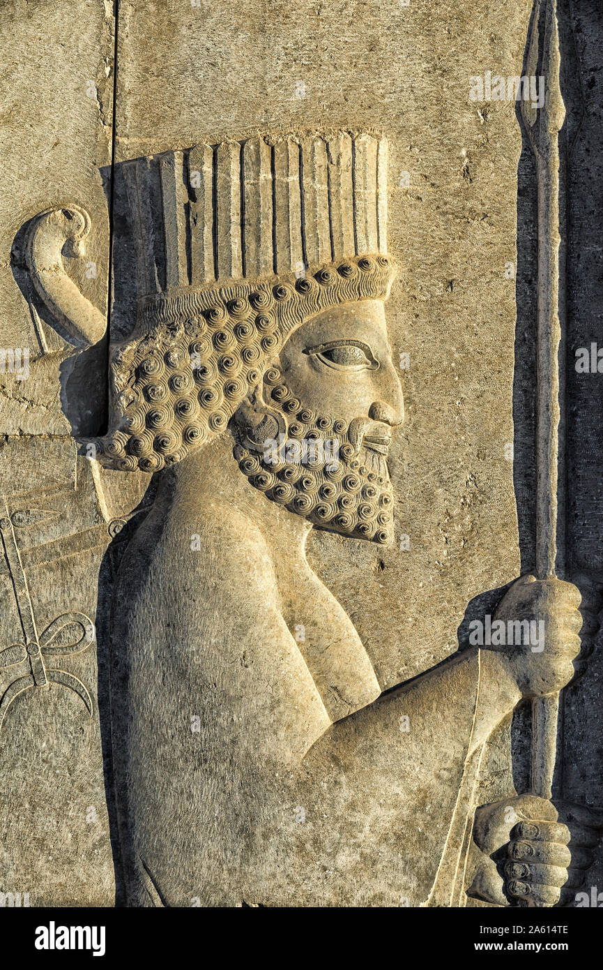 Apadana stairway facade detail, relief of the Achaemenids, Medes and Persians, Persepolis, UNESCO, Fars Province, Islamic Republic of Iran Stock Photo