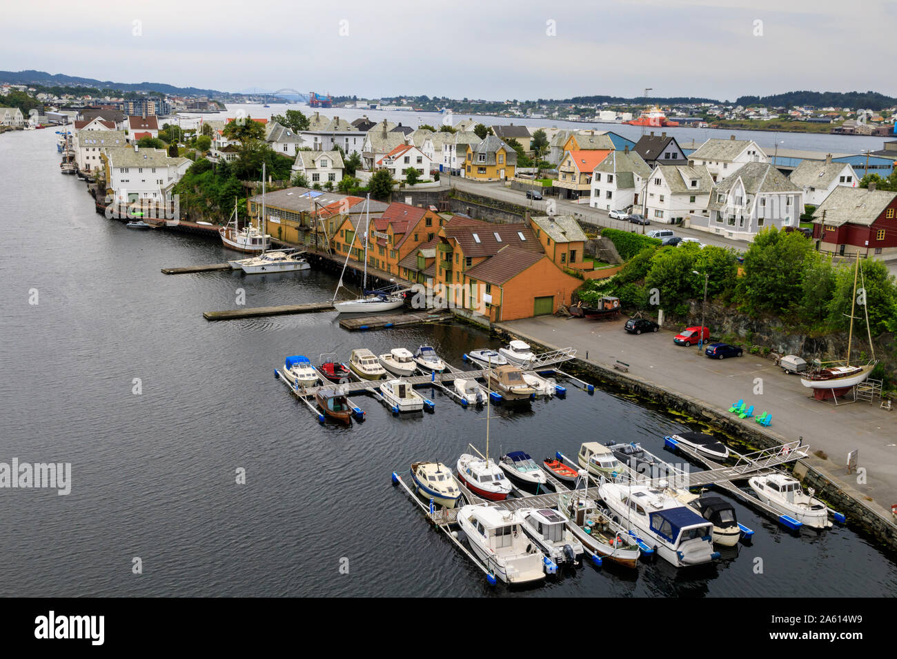 Haugesund, elevated view of harbour and historic wooden homes, Rogaland, Norway, Scandinavia, Europe Stock Photo