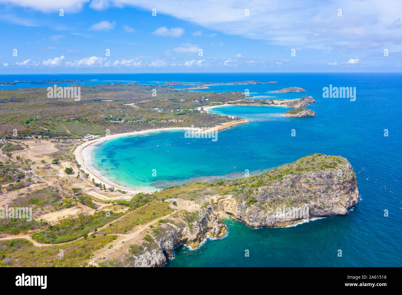 Aerial view by drone of cliffs surrounding Half Moon Bay washed by Caribbean Sea, Antigua, Leeward Islands, West Indies, Caribbean, Central America Stock Photo