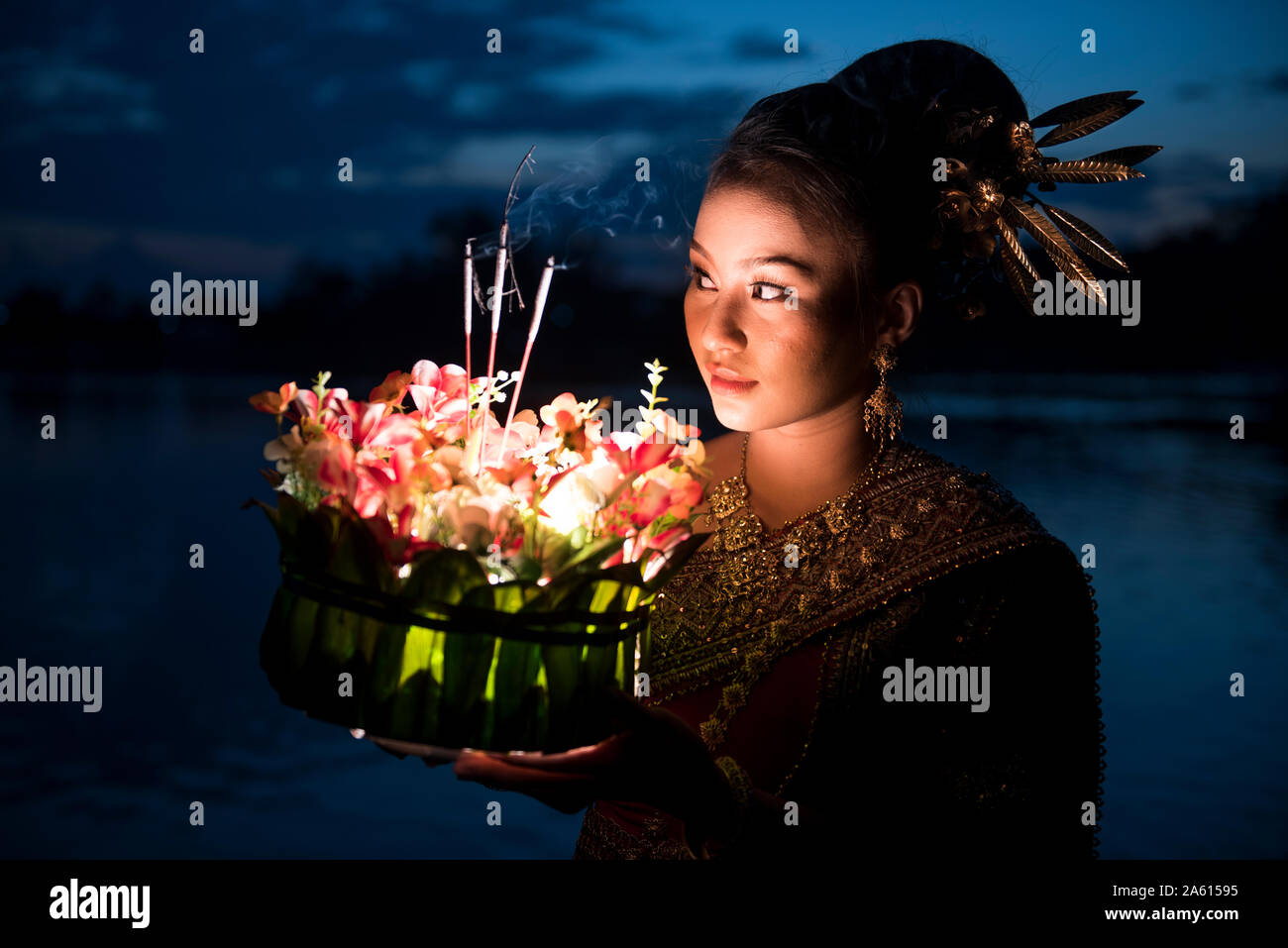 Loi Krathong festival with woman Stock Photo