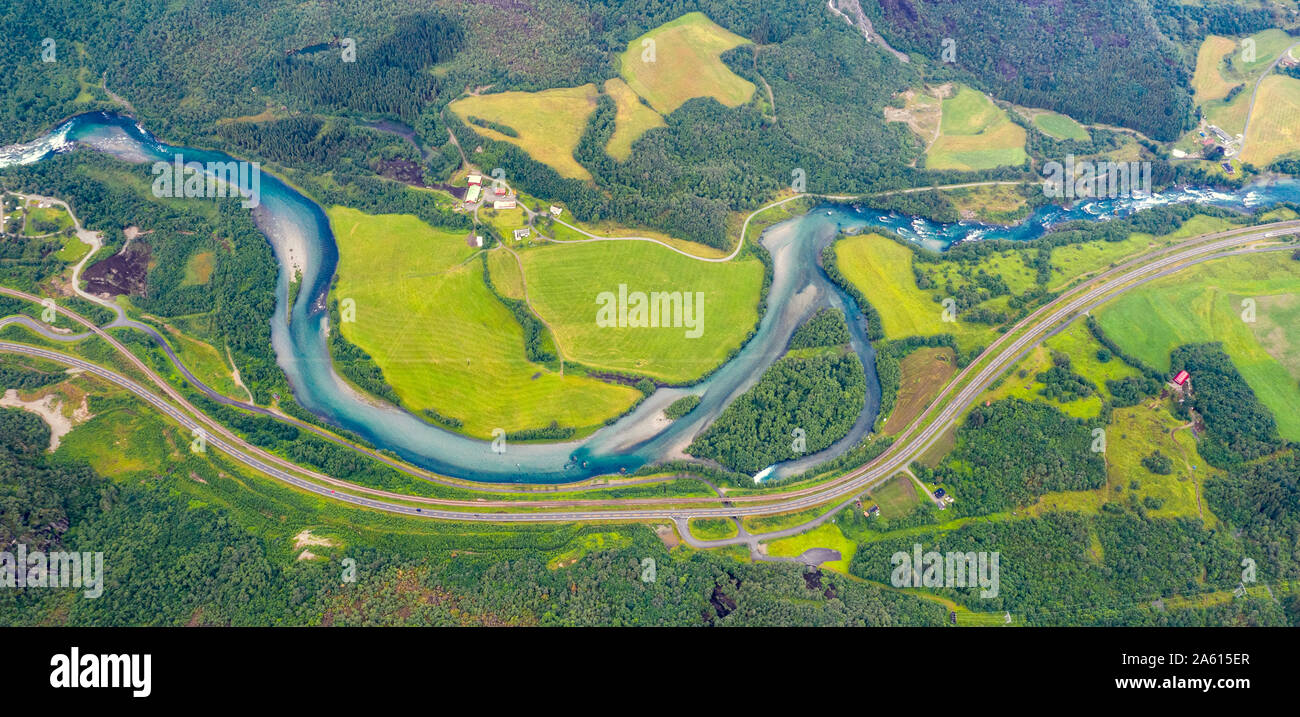 Aerial view of Rauma river and green valley from Romsdalseggen ridge ...